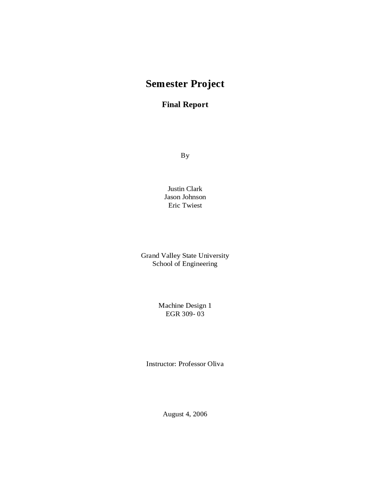 Final Project Report - Machine Design I | EGR 309 - Docsity