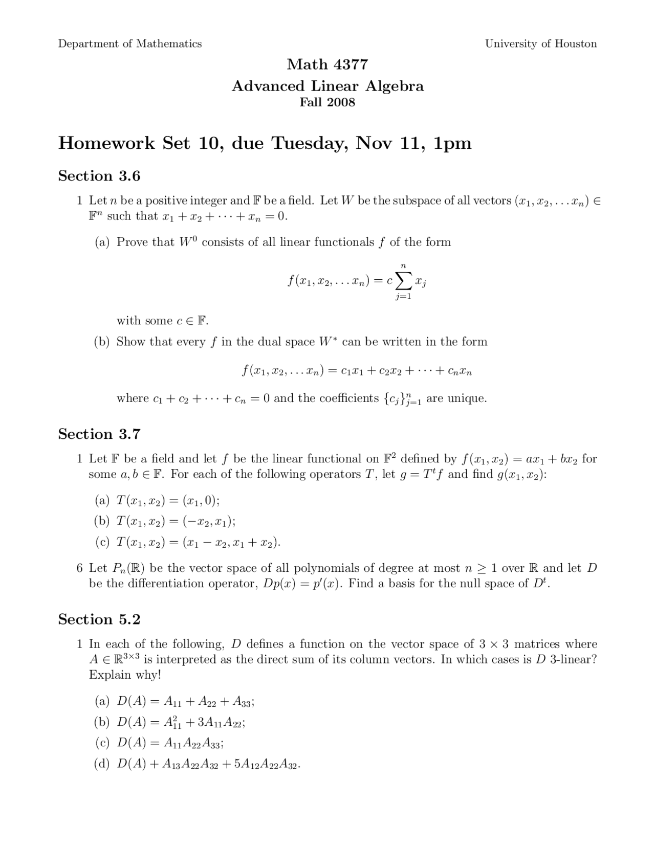 Advanced Linear Algebra I - Homework Set 10 | MATH 4377 - Docsity