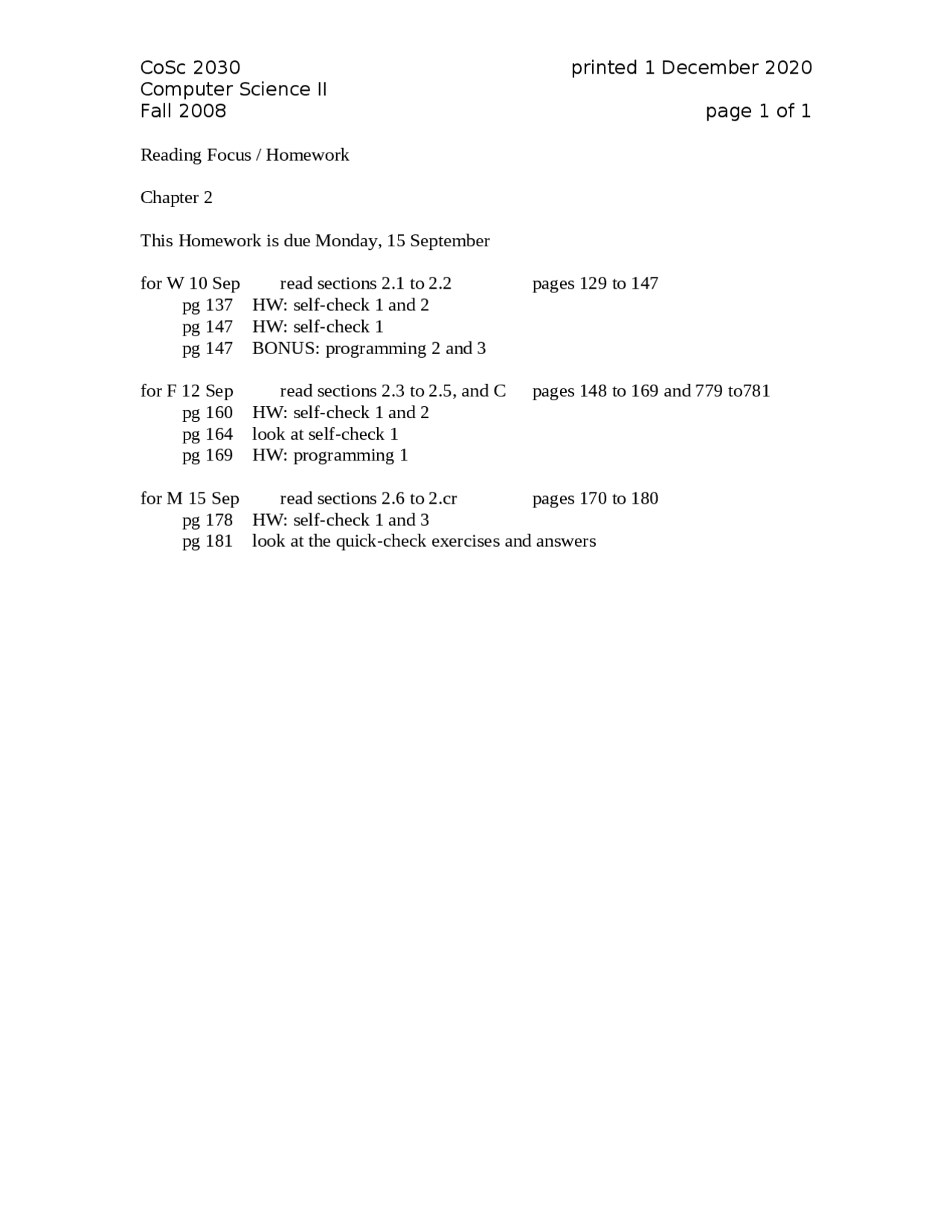 Computer Science II - Homework 2 for Programming I | COSC 2030 - Docsity