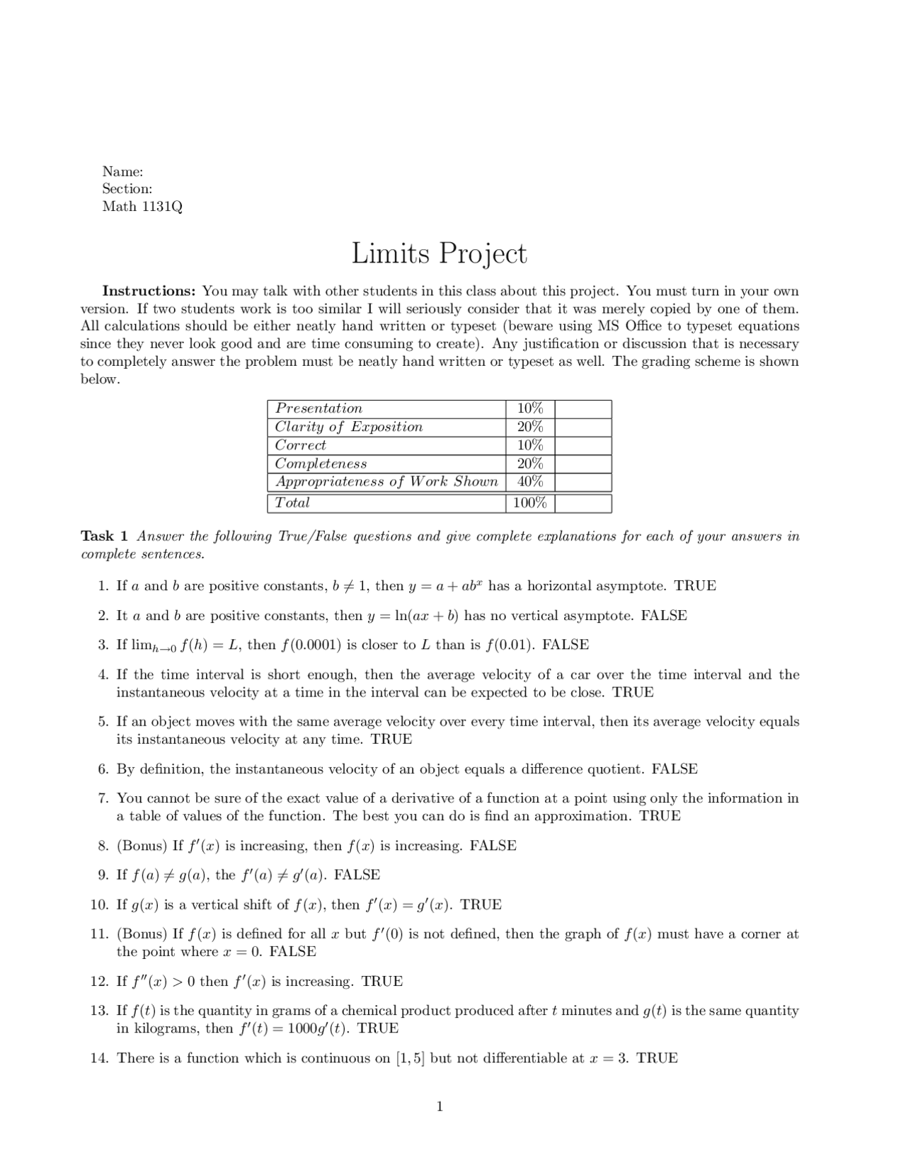 Limits Project with Answers for Calculus I - | MATH 1131 | Study Guides ...