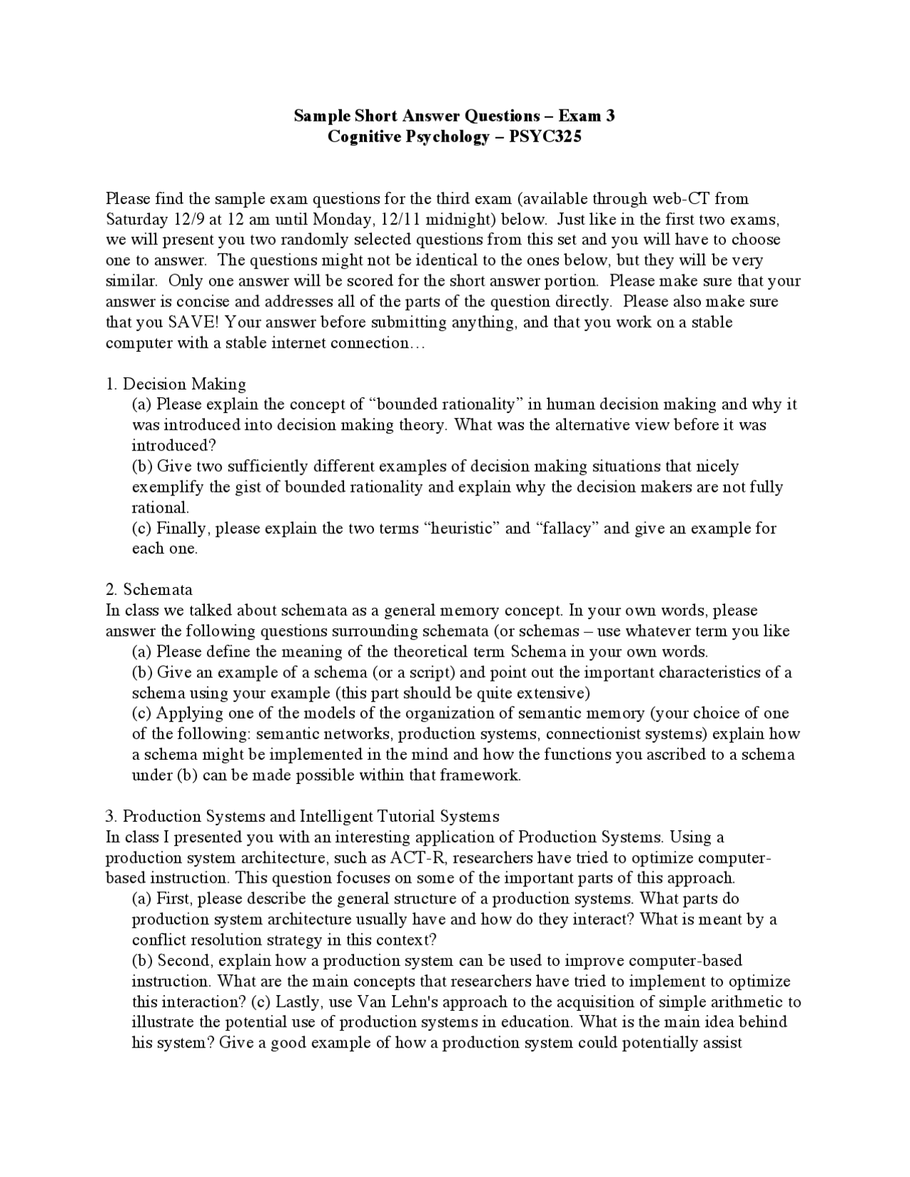 Exam 3 Short Answer Questions On Cognitive Psychology Psyc 325 Docsity
