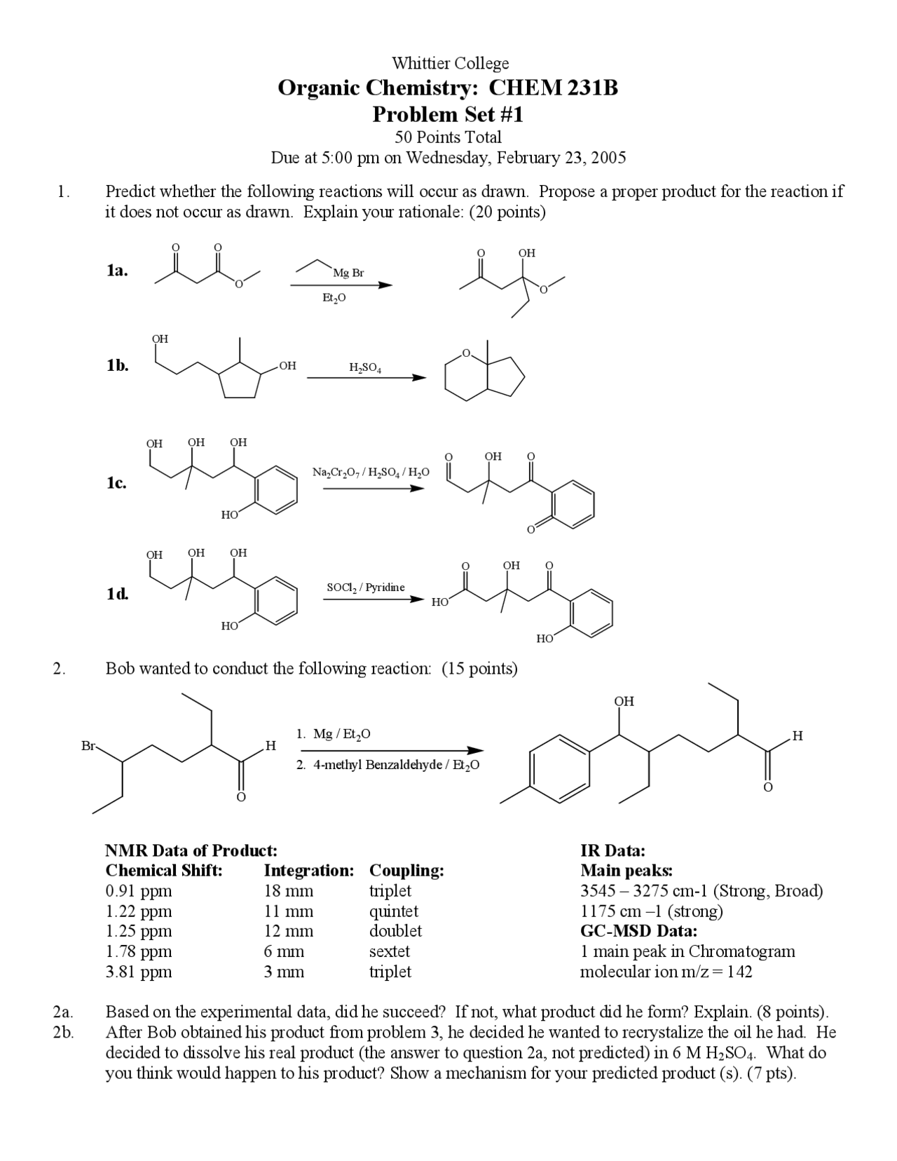 Problem Set 1 for Organic Chemistry II - Fall 2005 | CHEM 231B ...