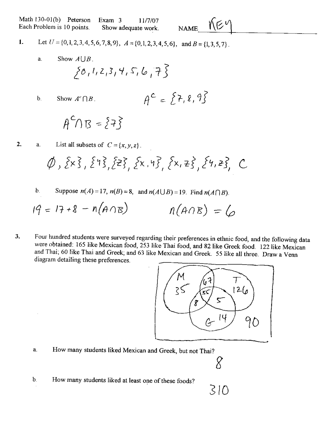 Exam 3 with Answer Key - Finite Mathematics | MATH 130 - Docsity