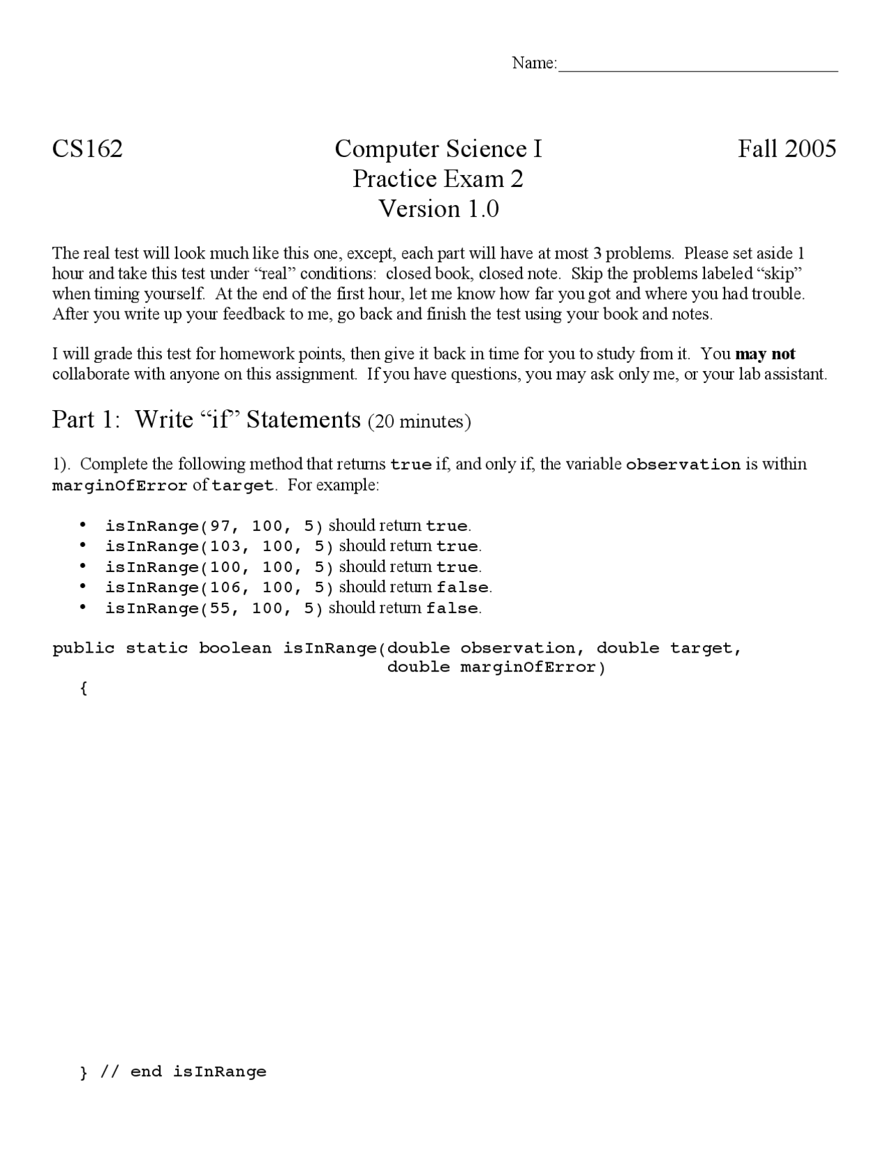 Exam 2 Solved Questions - Computer Science I | CS 162 - Docsity