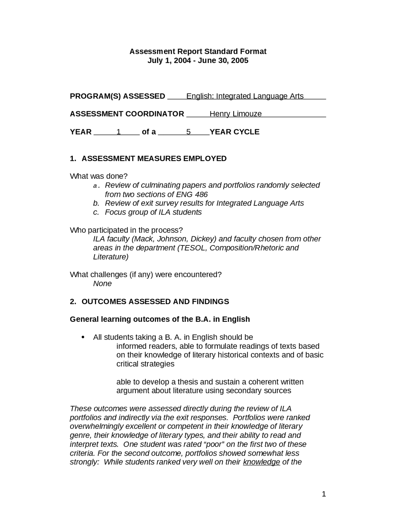 English Integrated Language Arts Assessment Report Standard Format Eng 486 Docsity