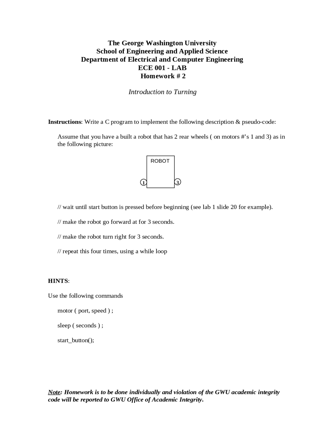 Introduction to Turning - Homework #2 - Lab | ECE 001 - Docsity