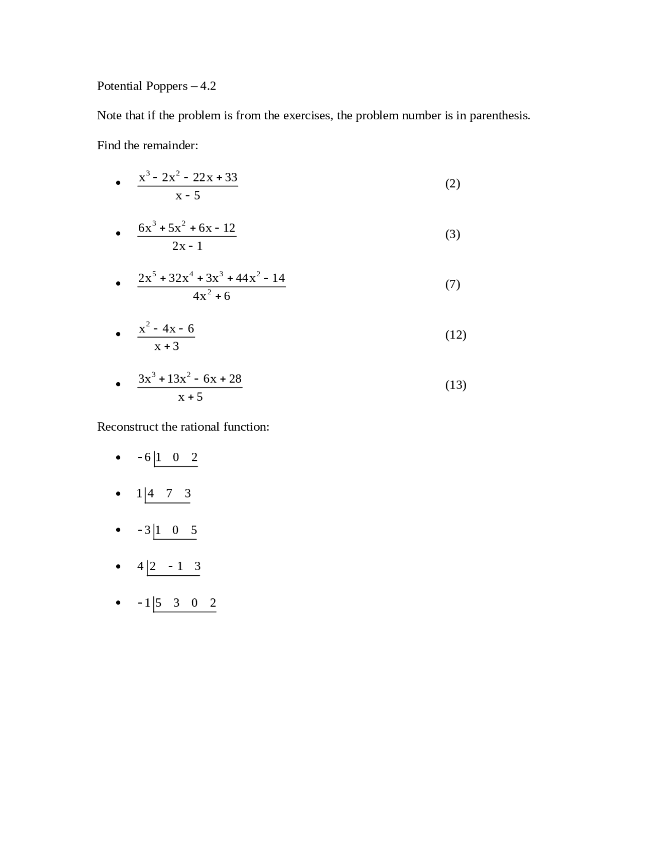 Problems on Remainders and Rational Fraction - Homework | MATH 1310 ...