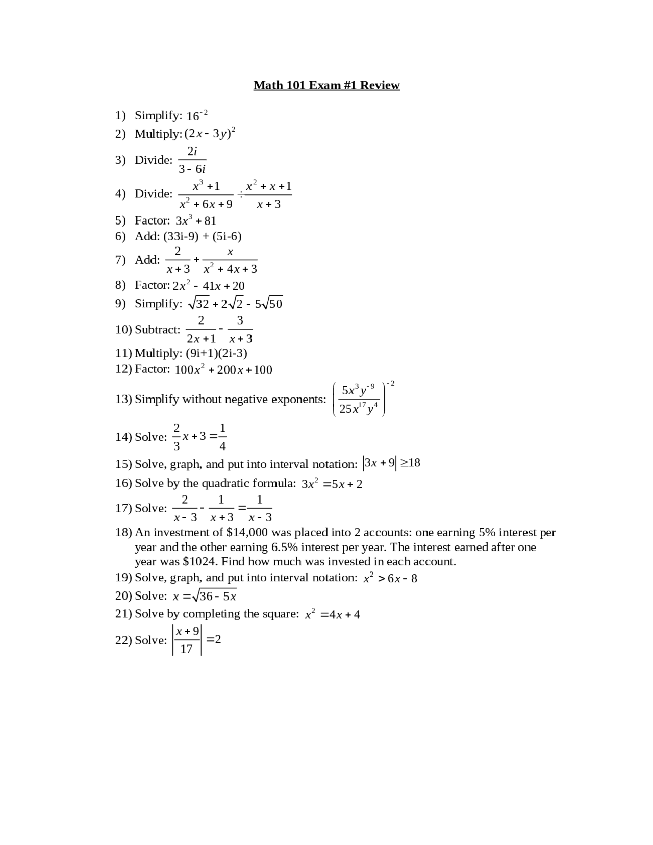 Math Test 101 Review Exam 1 for College Algebra | MATH 101 - Docsity