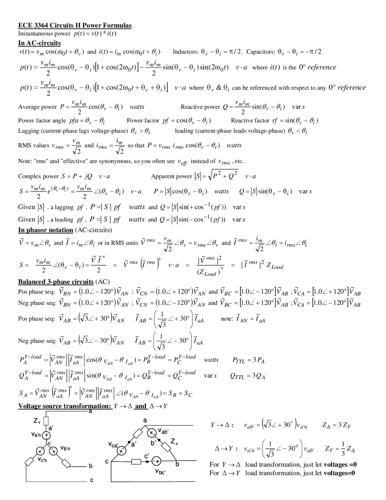 Formulas In Power System Power Formulas - Circuits and Systems | ECE 3364 - Docsity