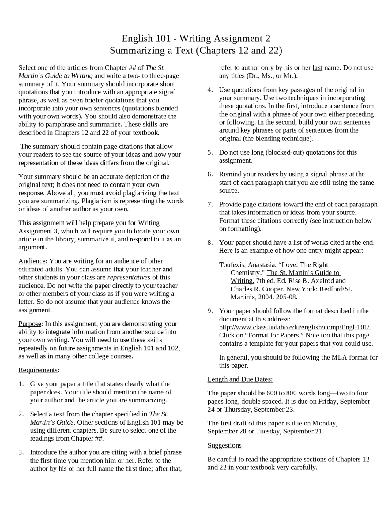 Assignment Sample Writing Writing Assignment 2 for Introduction to College Writing | ENGL 101 ...