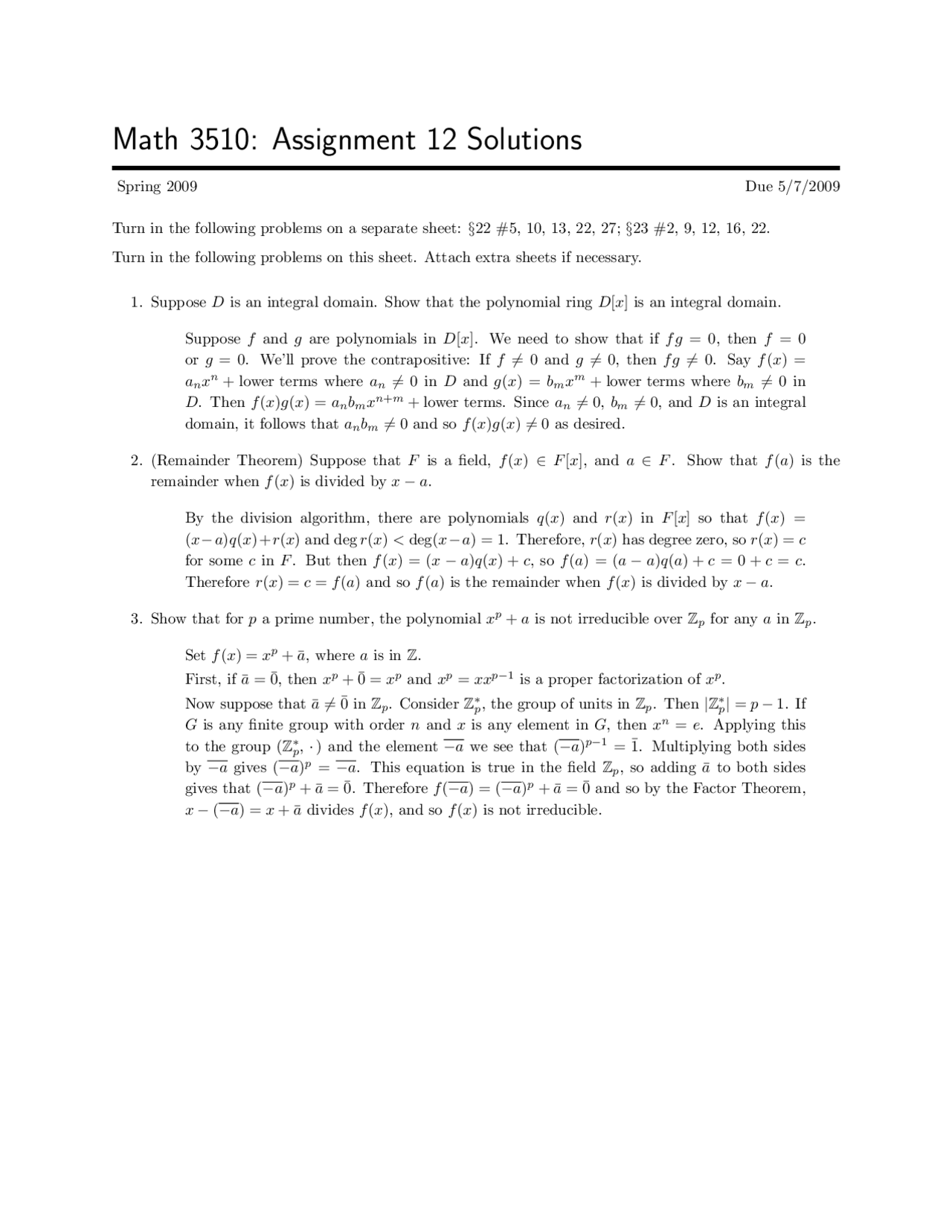 3 Problems on the Abstract Algebra - Assignment 12 | MATH 3510 - Docsity