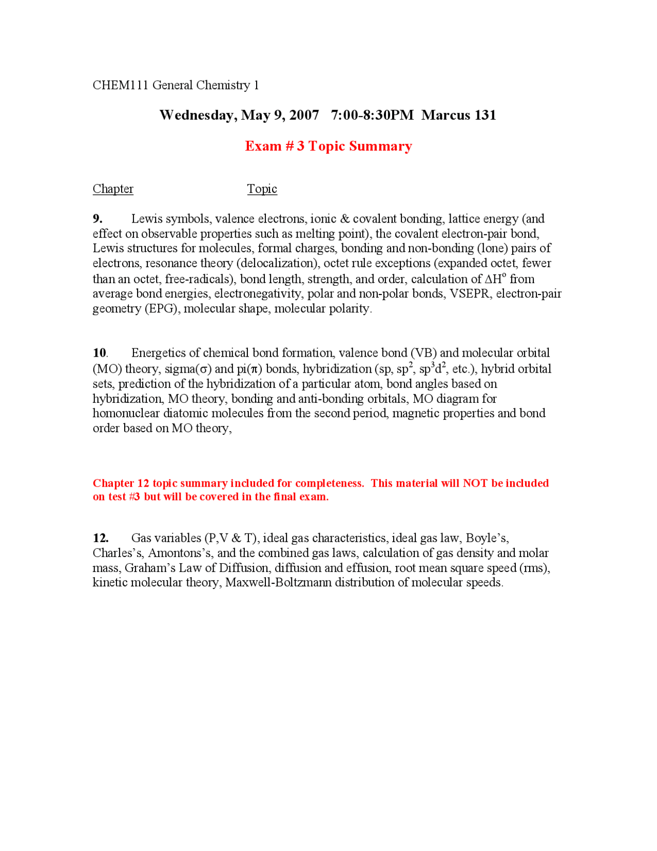 Exam 3 Topic Summary | General Chemistry I | CHEM 111 - Docsity