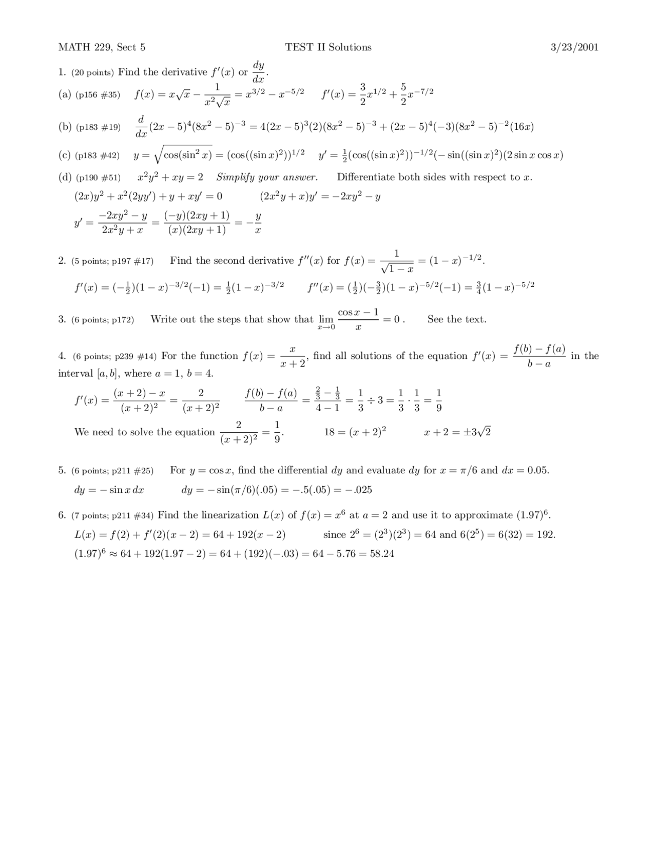 Test #2 with Solutions - Calculus I | MATH 229 - Docsity