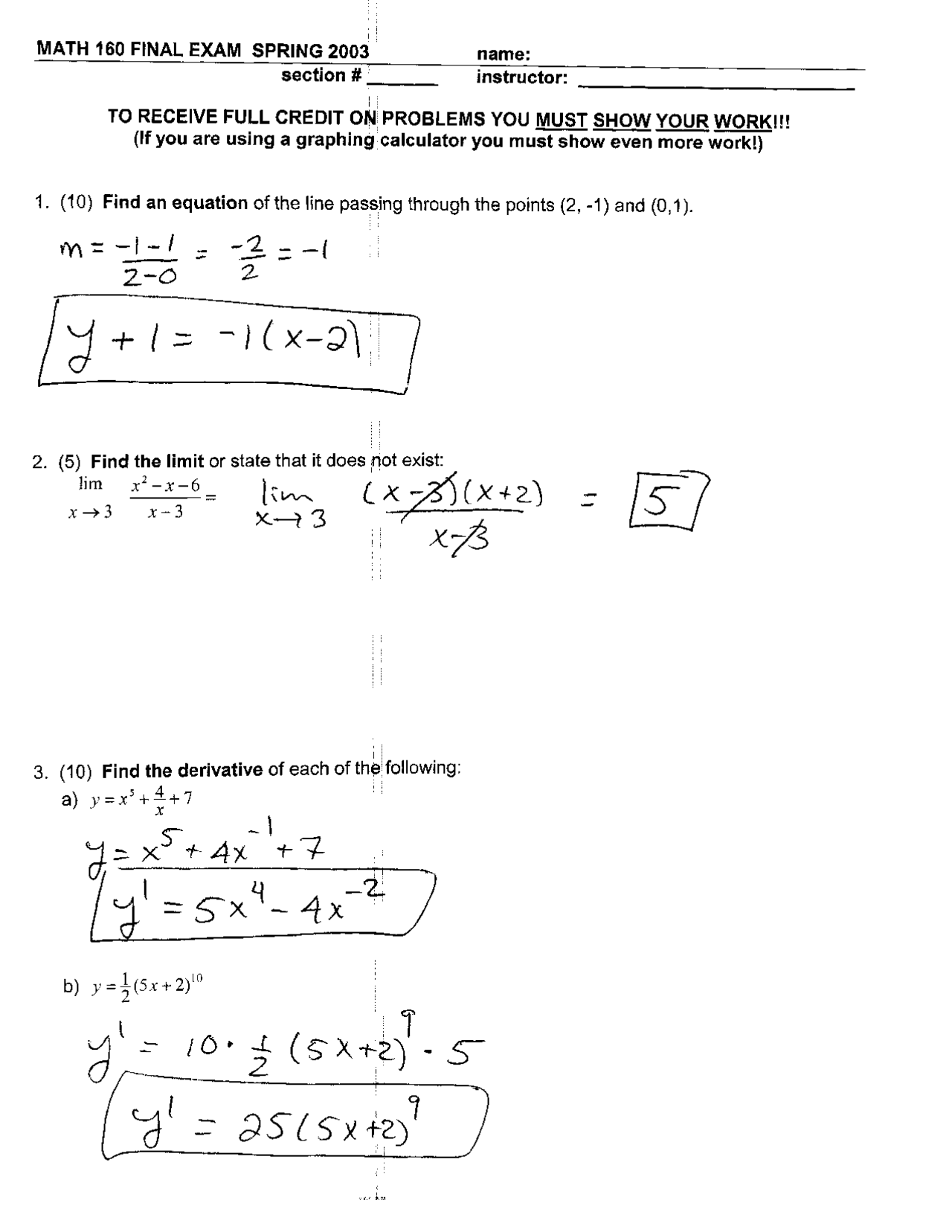 Questions With Answer For Final Exam - Survey Of Calculus | Math 160 - Docsity