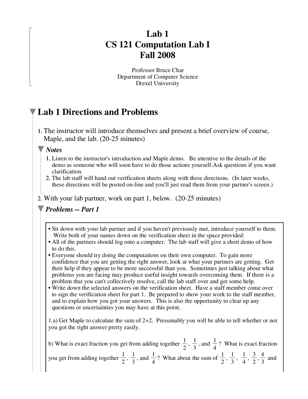 Lab 1 Computer Science Lab 1 | Computation Laboratory I | CS 121 - Docsity
