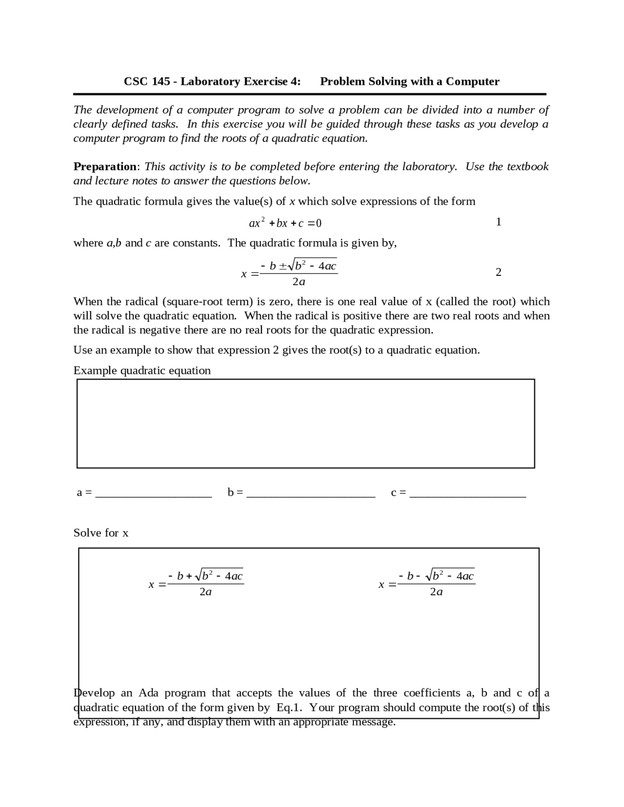 Laboratory Exercise 4: Problem Solving with a Computer | CSC 145 - Docsity