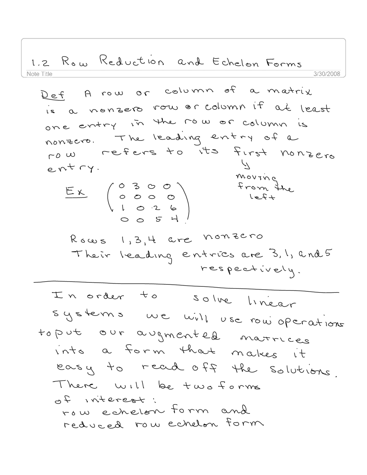 Row Reduction and Echelon Forms - Handwritten Notes | MATH 221 - Docsity