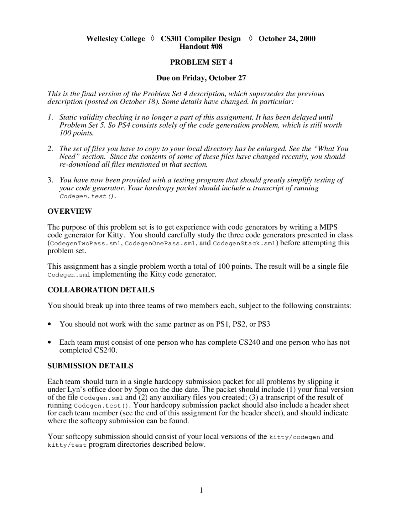 Problem Set IV - Compiler Design | CS 240 - Docsity