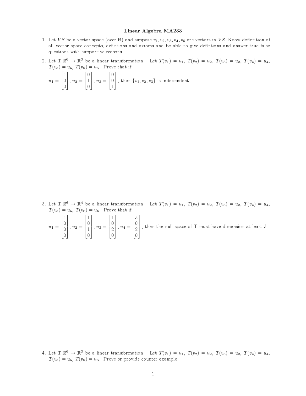 7 Problems for Elementary Linear Algebra | MATH 233 - Docsity