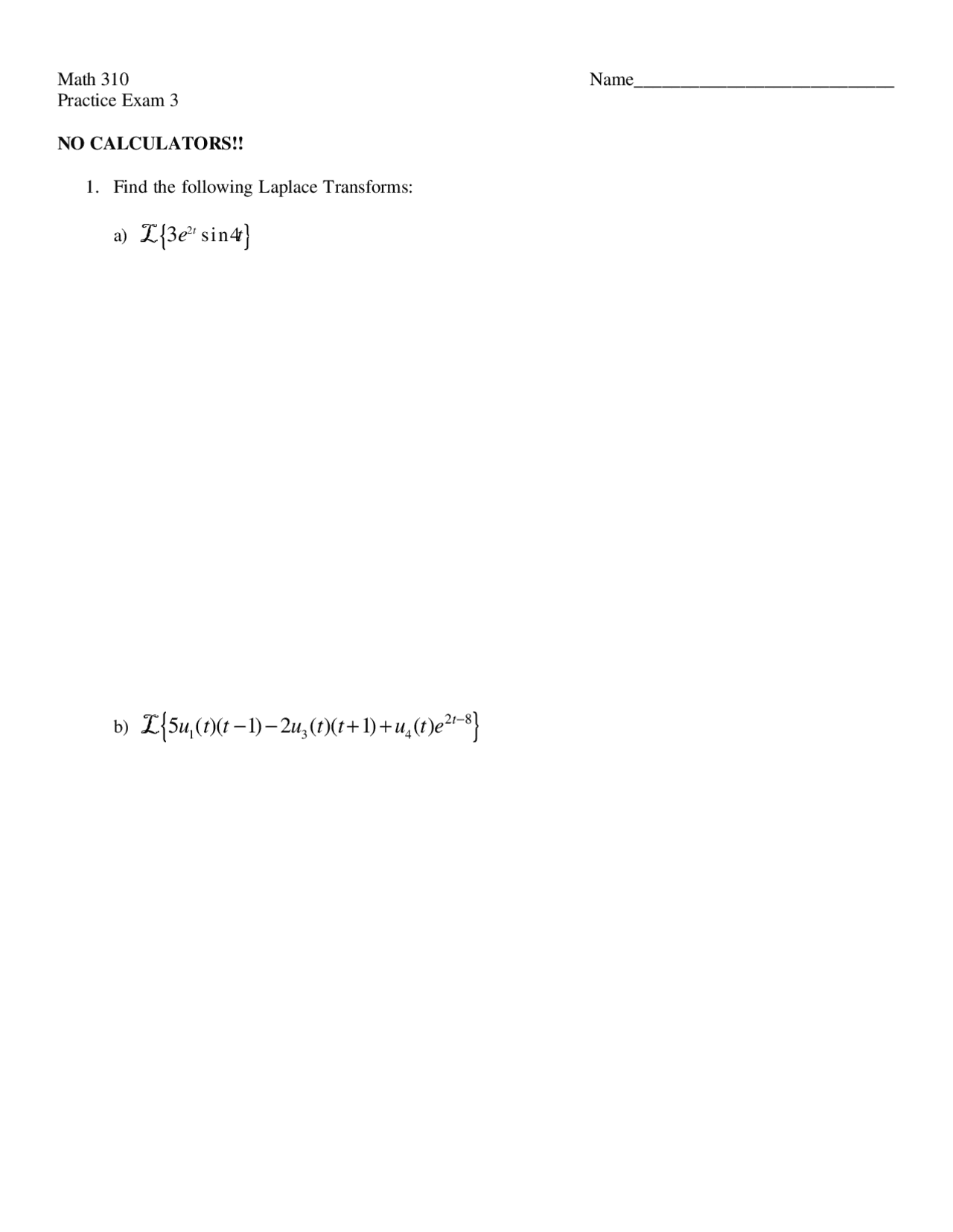 Practice Exam 3 for Ordinary Differential Equations | MATH 310 - Docsity