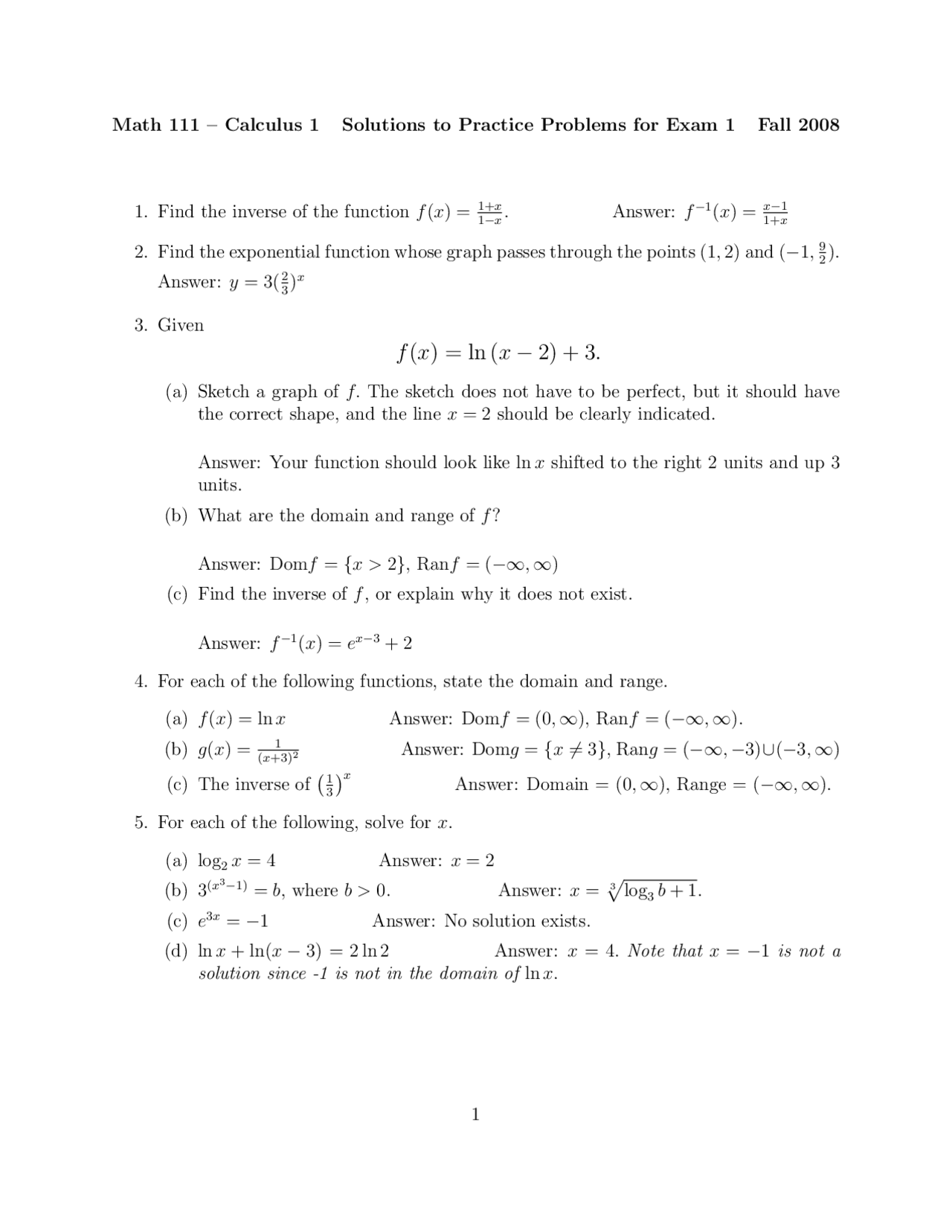 15 Questions with Answer of Calculus I - Exam 1 | MATH 111 - Docsity