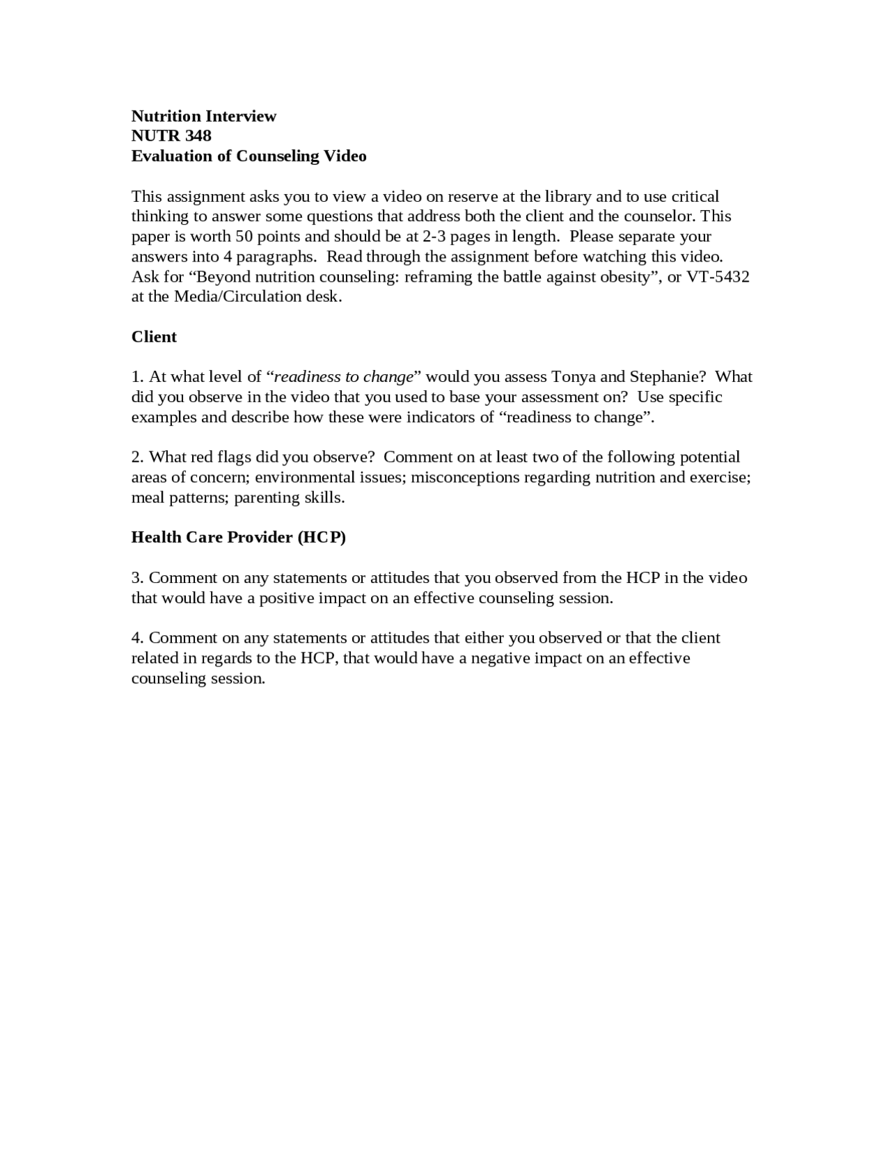 Nutrition Interview - Evaluation of Counseling Video - Assignment ...