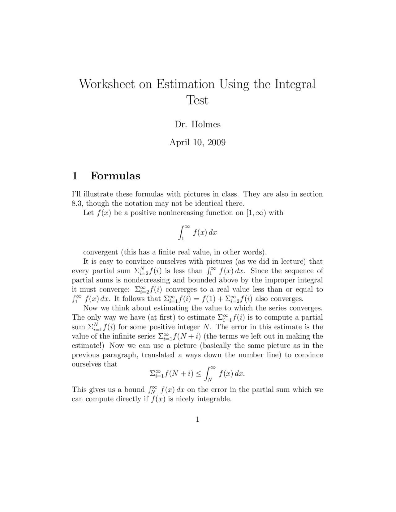 Worksheet on Estimation Using the Integral - Calculus II | MATH 175 ...