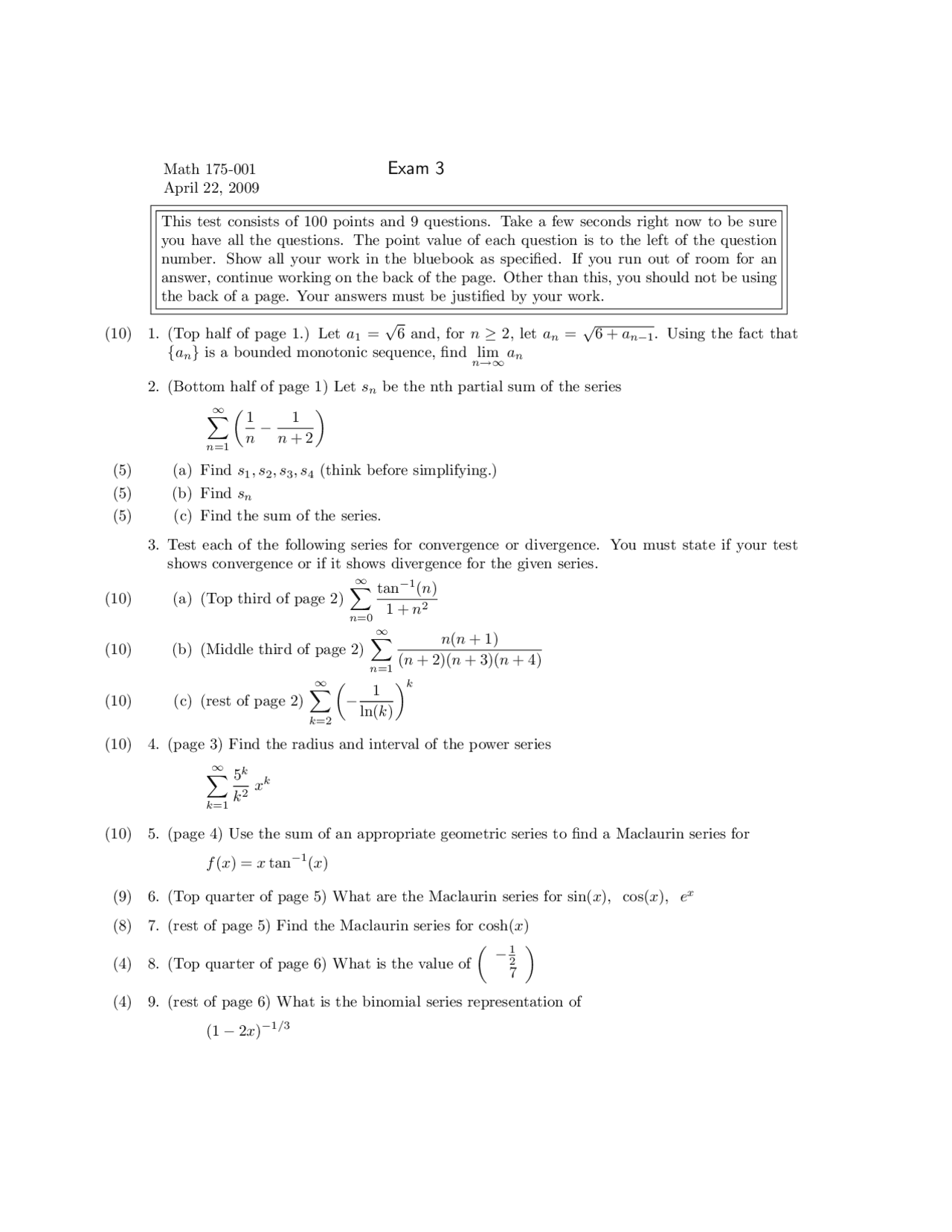 9 Questions Exam 3 - Calculus II | MATH 175 - Docsity
