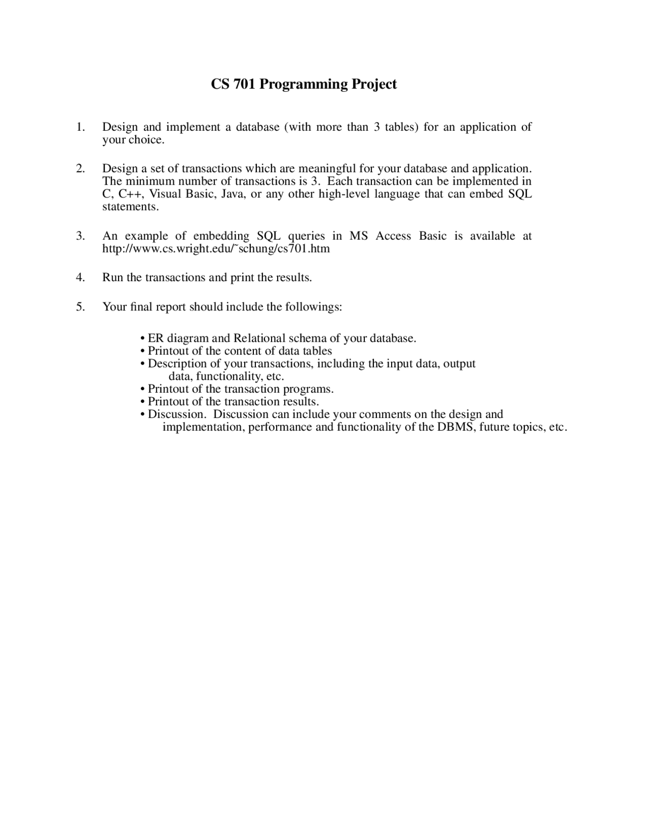 Programming Project - Database Systems and Design | CS 701 - Docsity