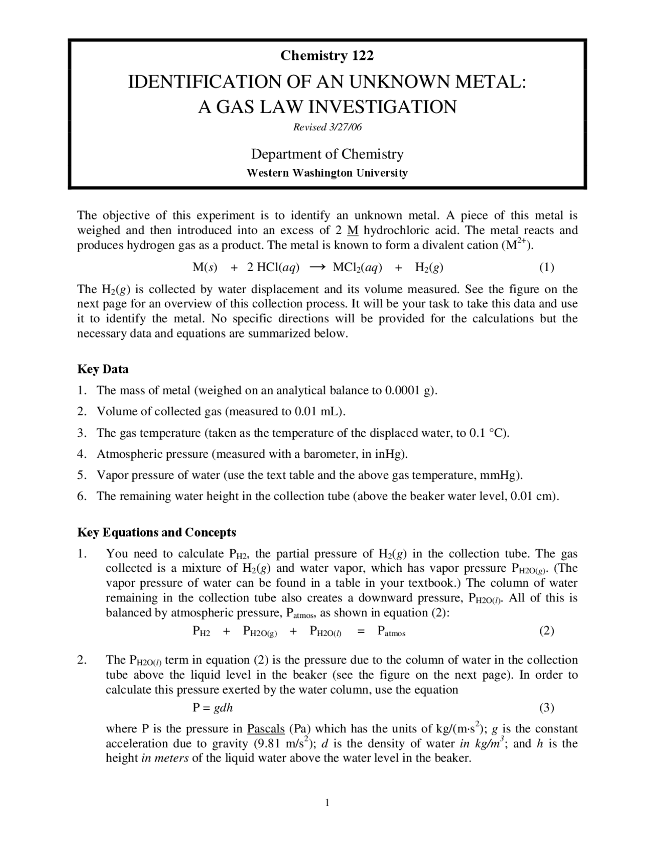 Identification of Unknown Metal A Gas Law Investigation Handout