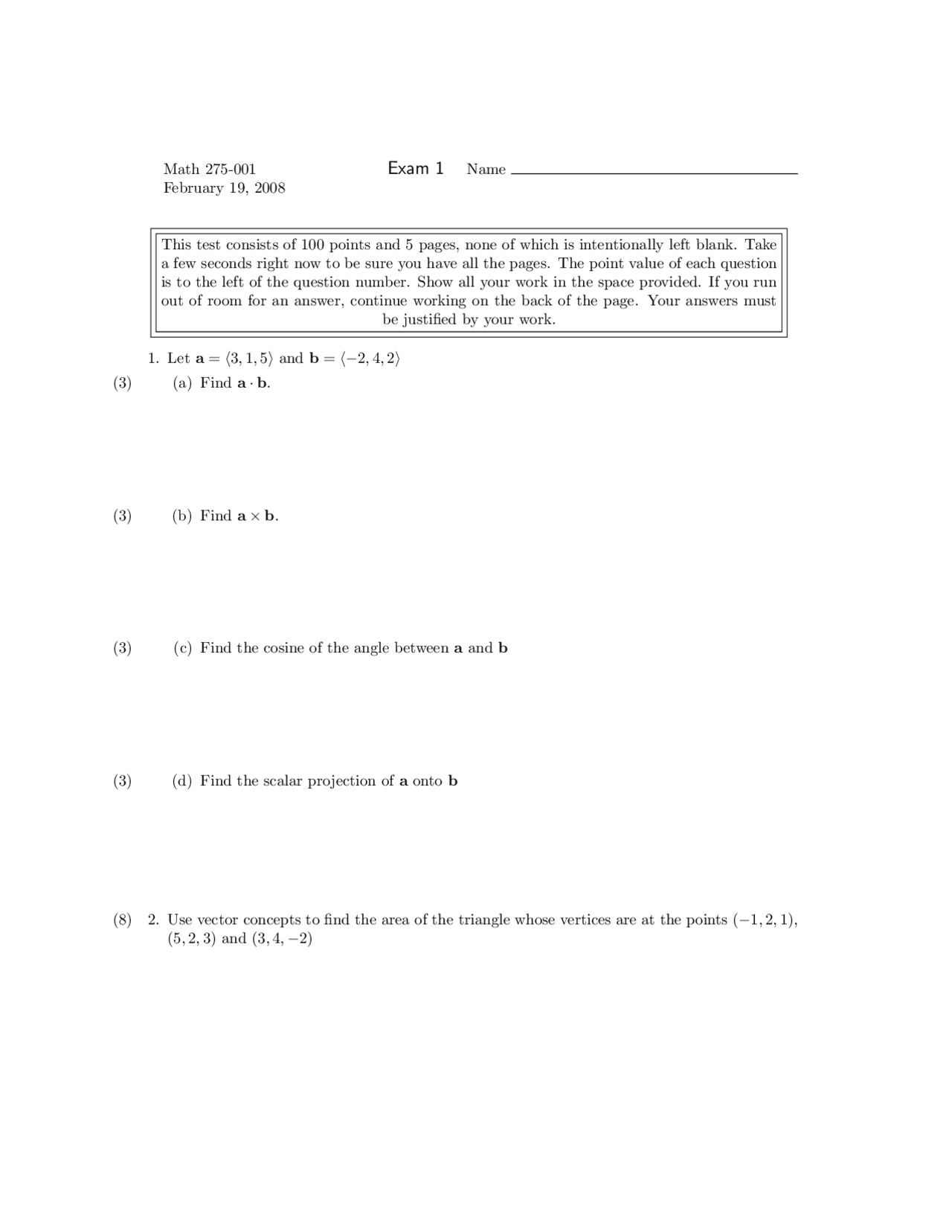 Practice Questions for Exam 1 - Multivariable and Vector Calculus ...