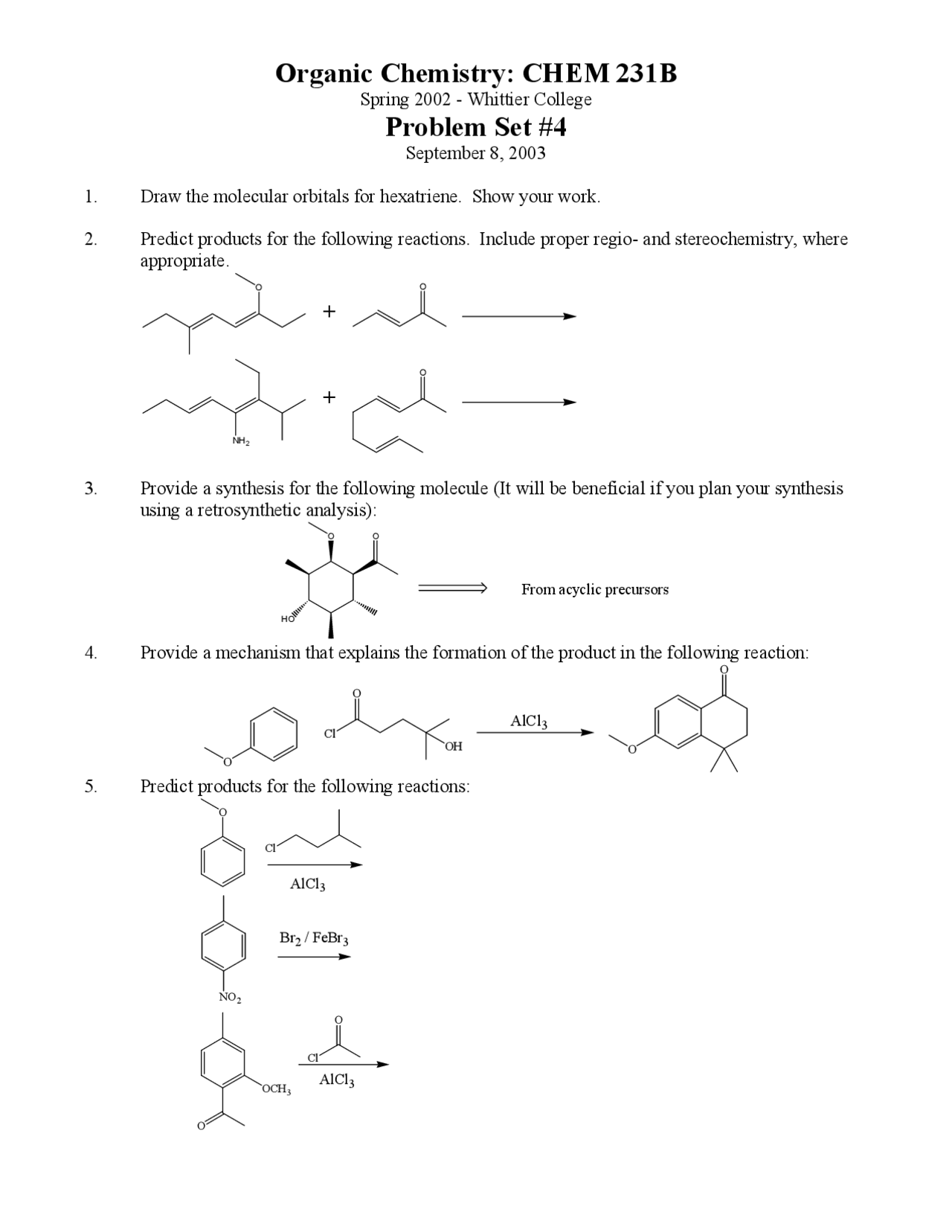 Practice Problem Set 4 for Organic Chemistry II | CHEM 231B - Docsity
