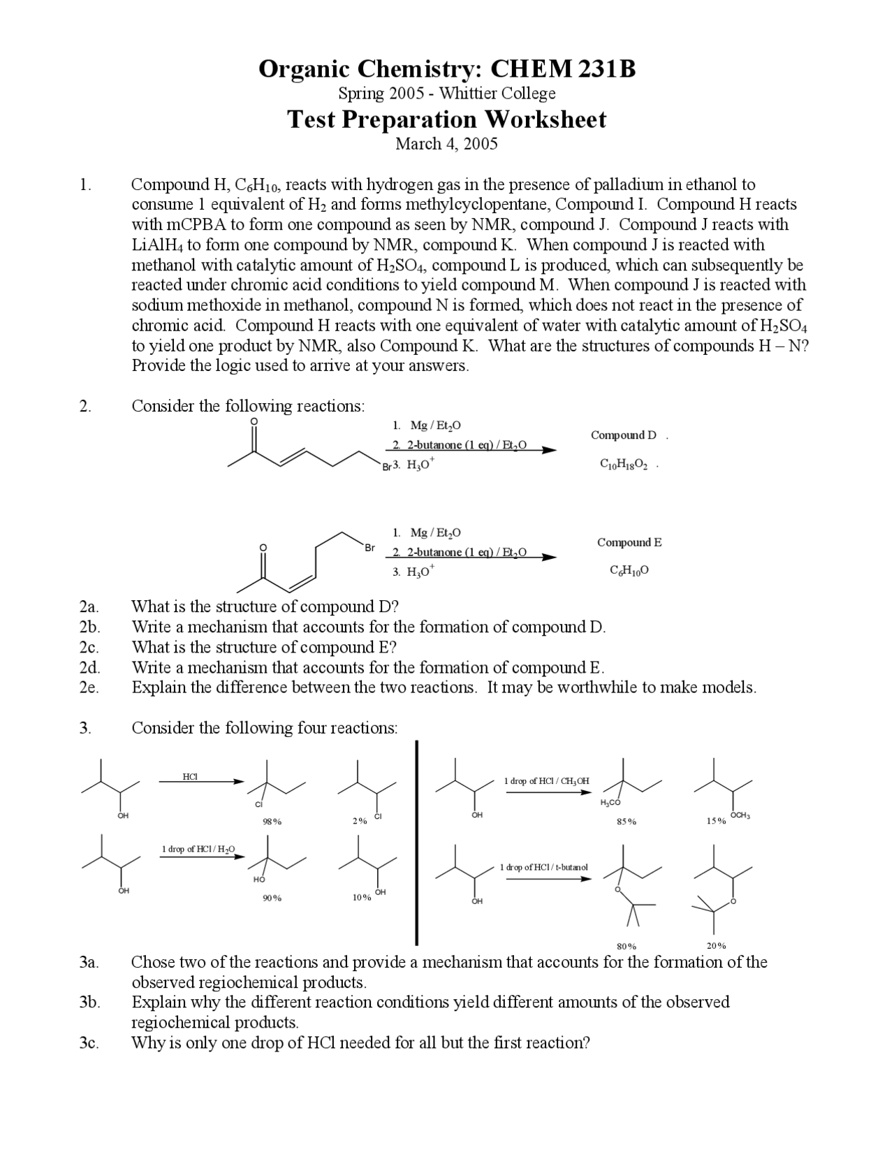 Test Preparation Worksheet - Organic Chemistry II | CHEM 231B | Exams ...