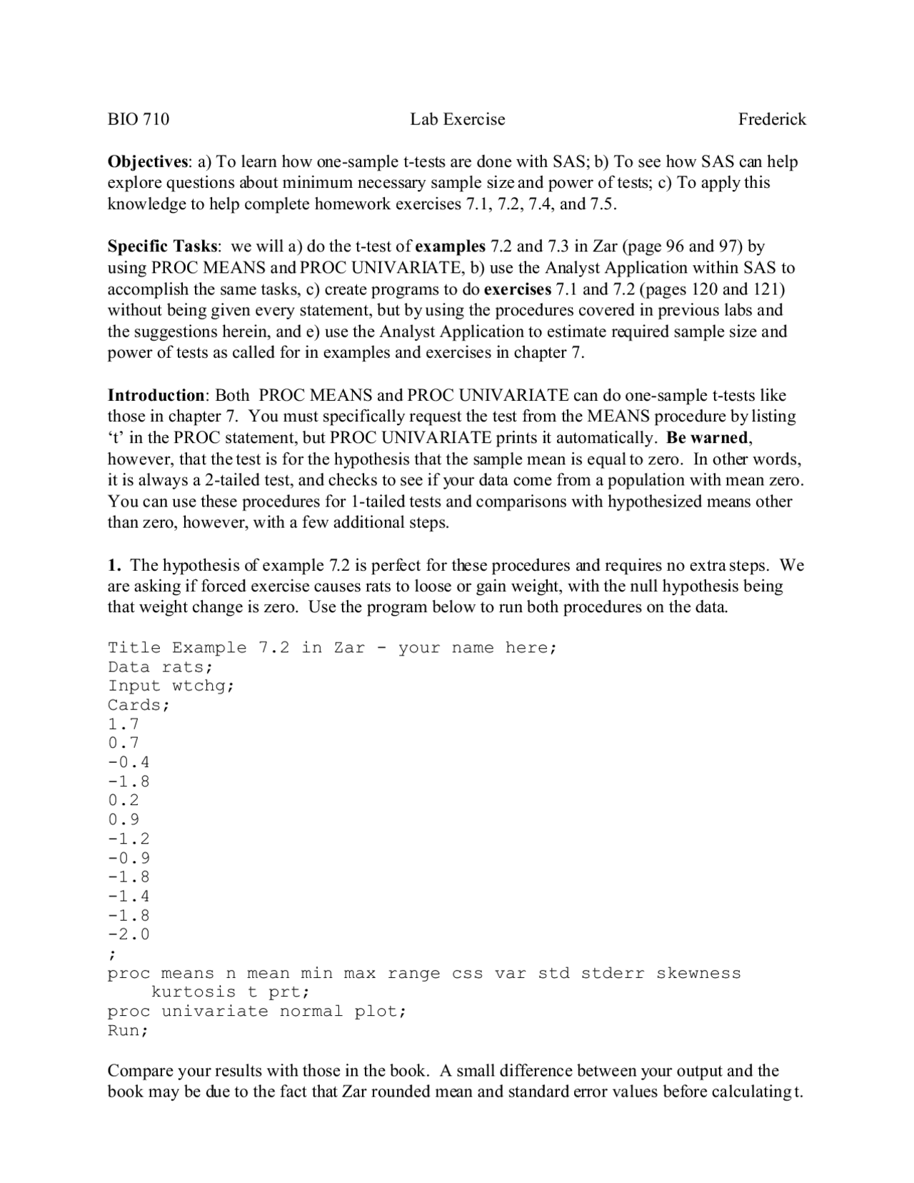 Sample T-test Done with SAS - Laboratory Exercise | BIO 710 - Docsity