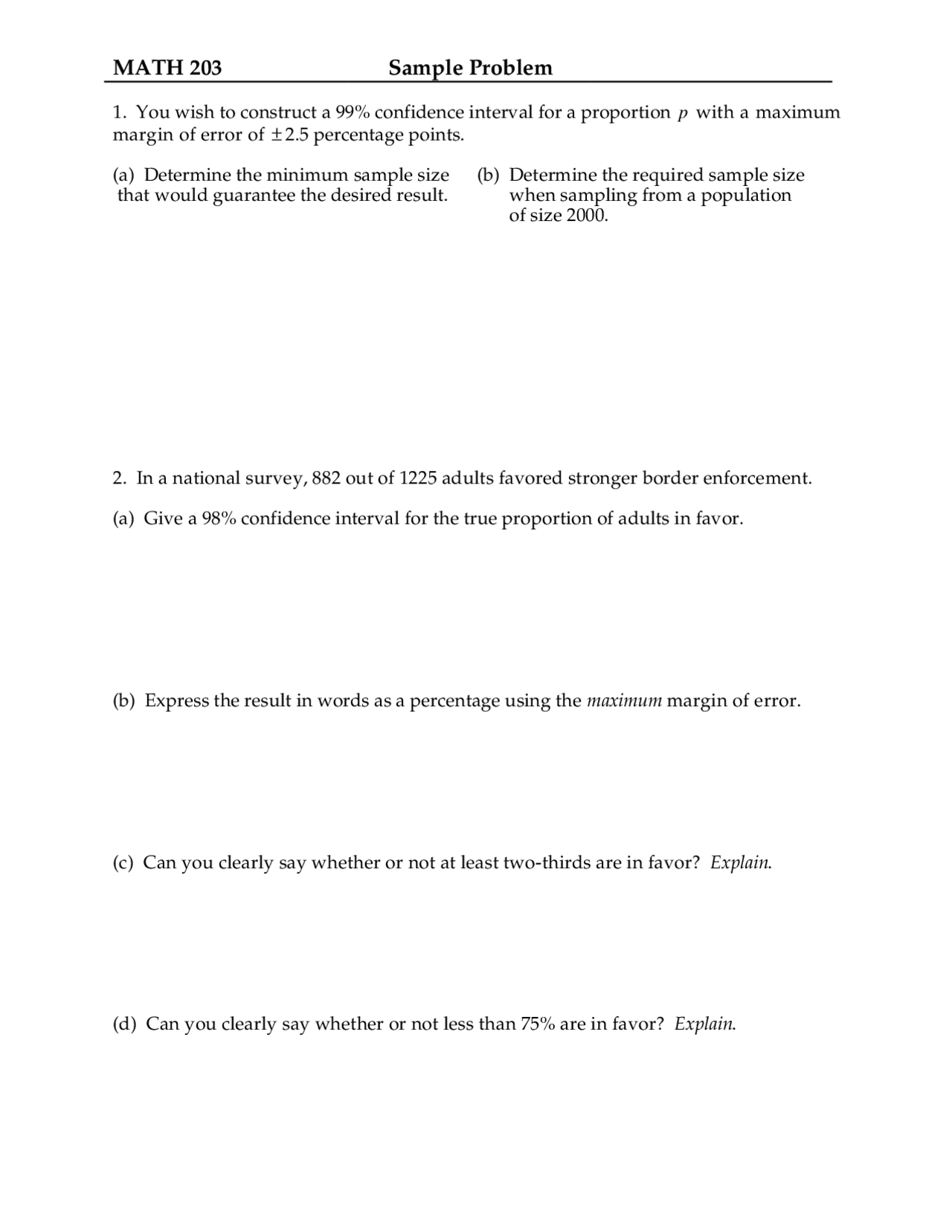 2 Sample Problems in Statistics - Assignment | MATH 203 - Docsity