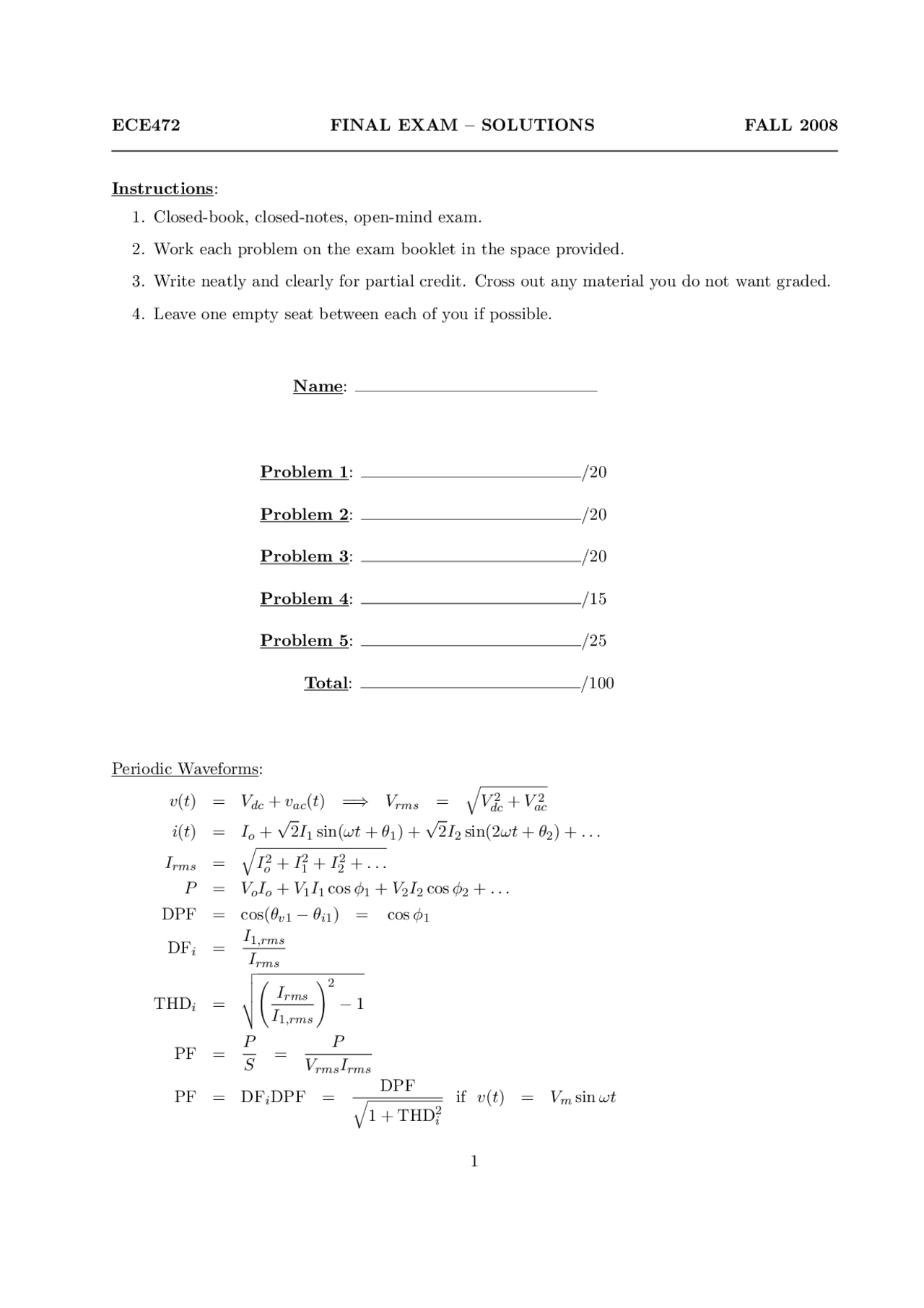 Final Exam with Solutions - Power Electronics | ECE 472 - Docsity