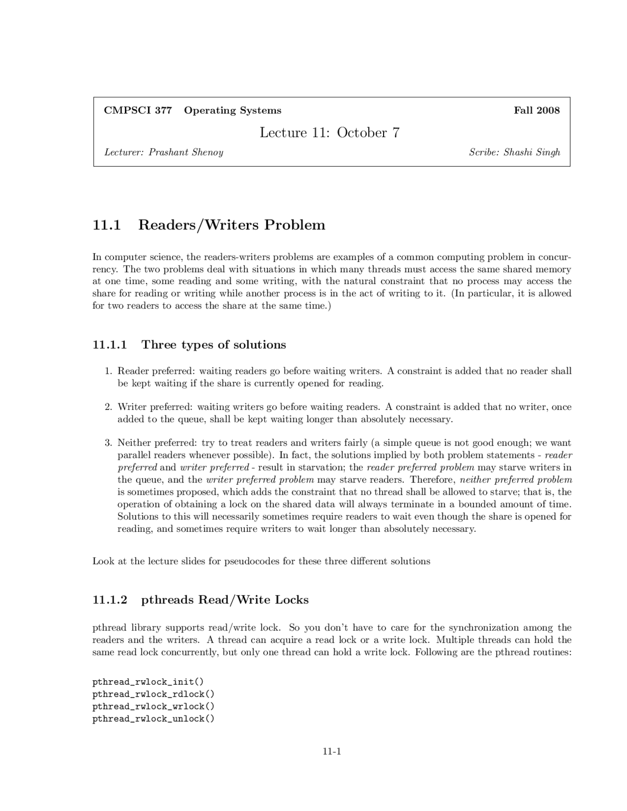 Readers/Writers Problem - Operating Systems | CMPSCI 377 | Study notes ...