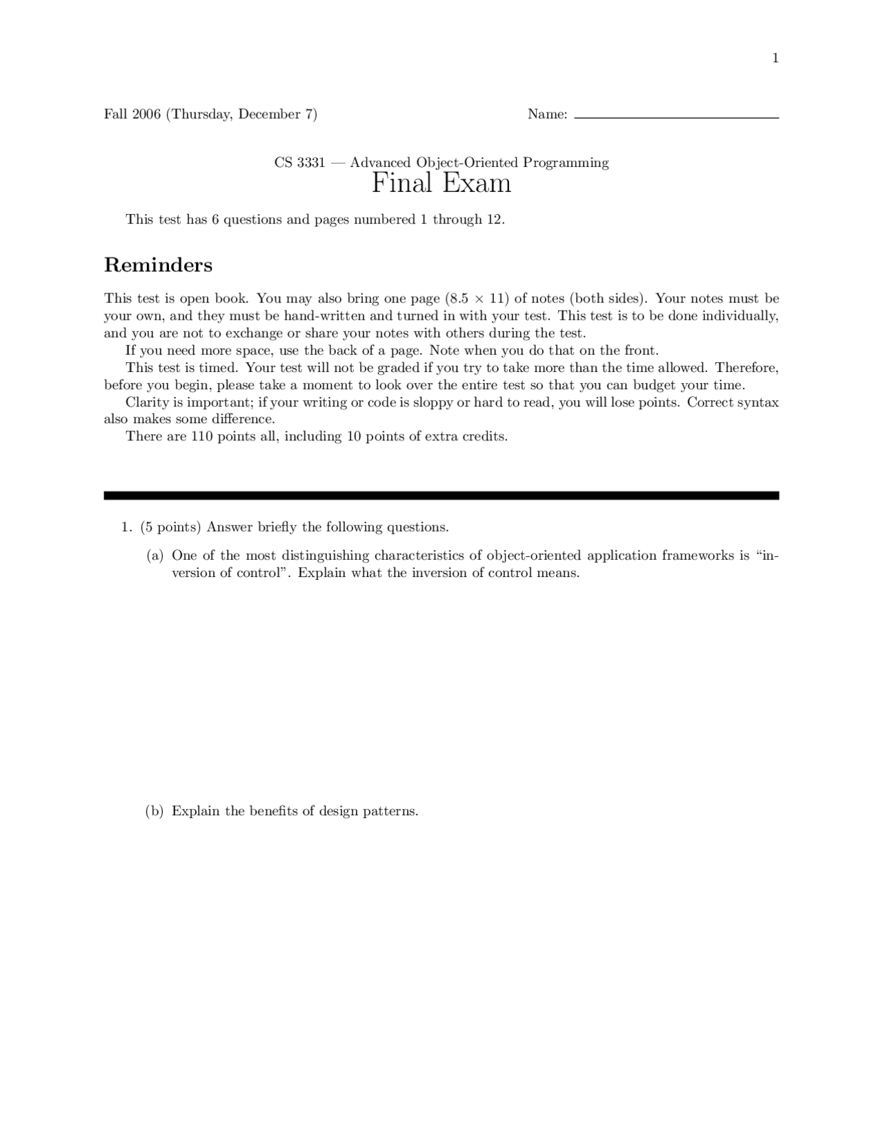 Advanced Object Oriented Programming - Final Exam 2006 | CS 3331 - Docsity