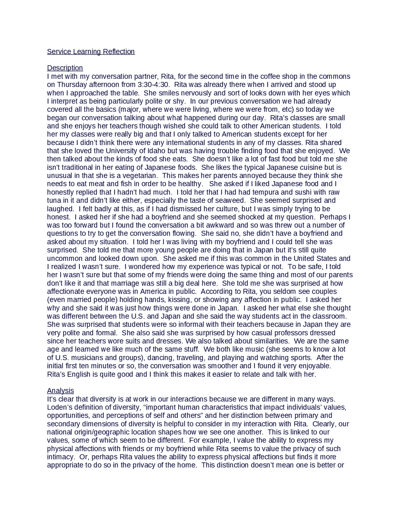 Service Learning Reflection - Introduction to Diversity and ...