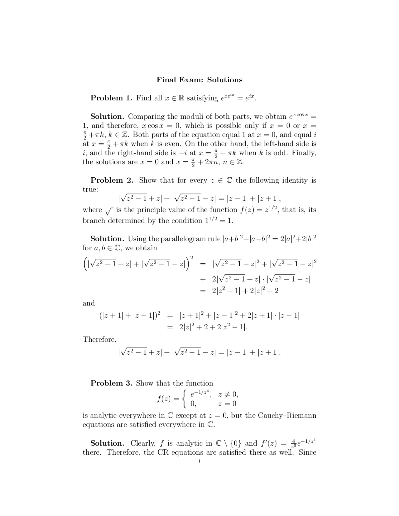 10 Problems with Solution of Complex Variables I - Final Exam | MATH ...
