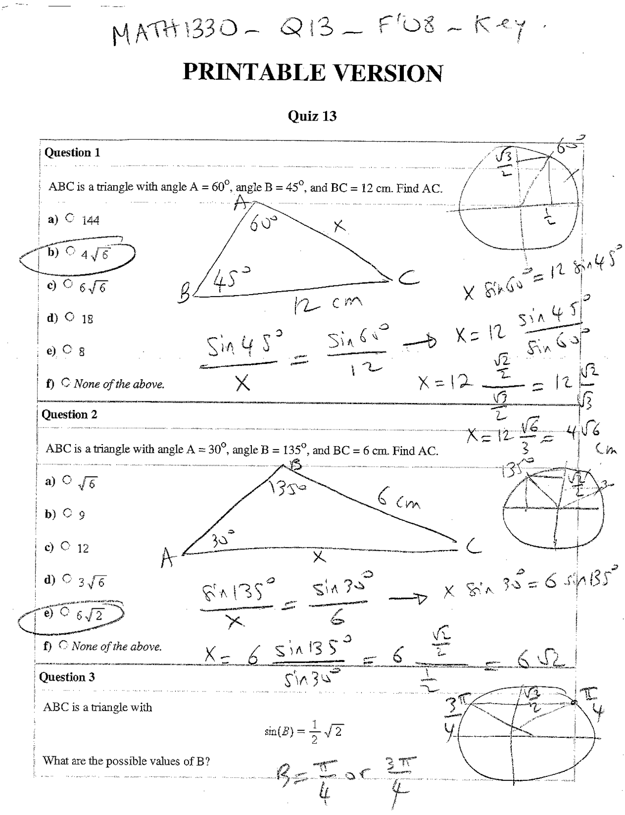 Precalculus - Quiz 13 Questions with Solutions | MATH 1330 - Docsity