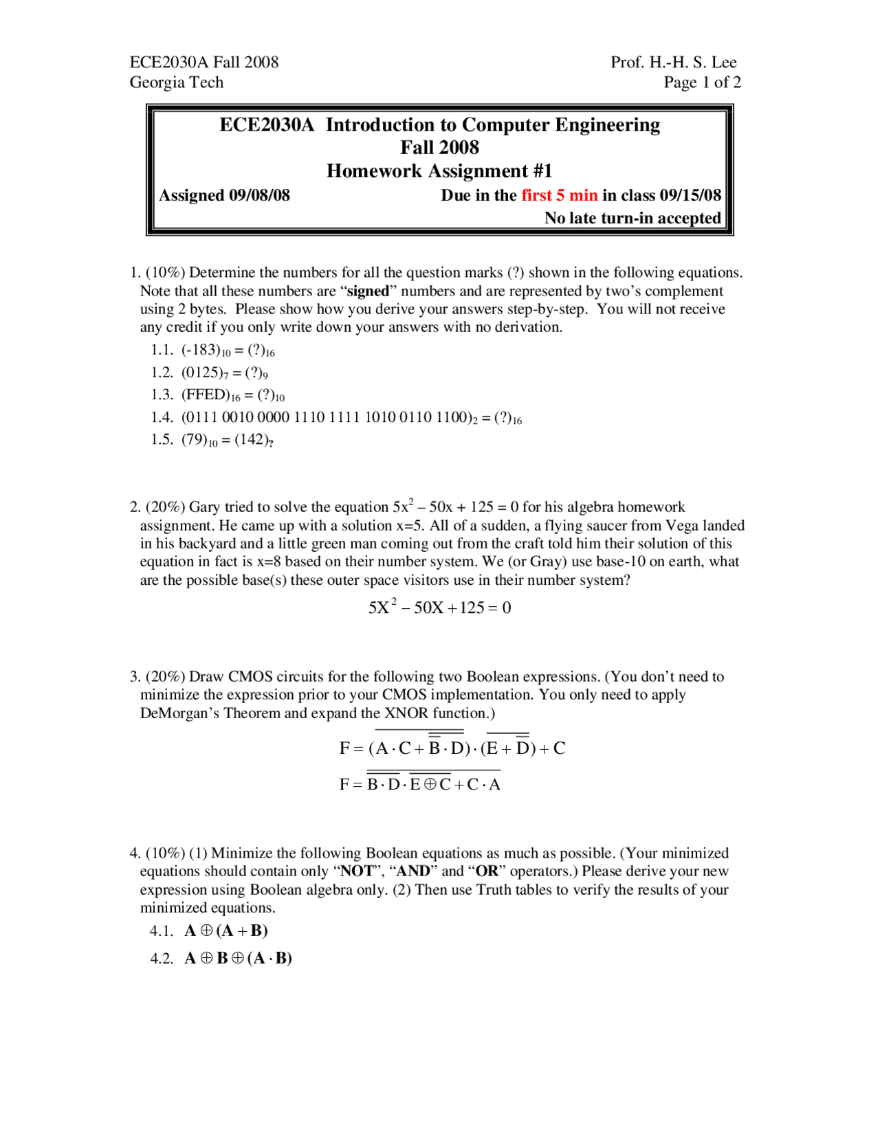 7 Problems on the Computer Engineering - Assignment 1 | ECE 2030 - Docsity