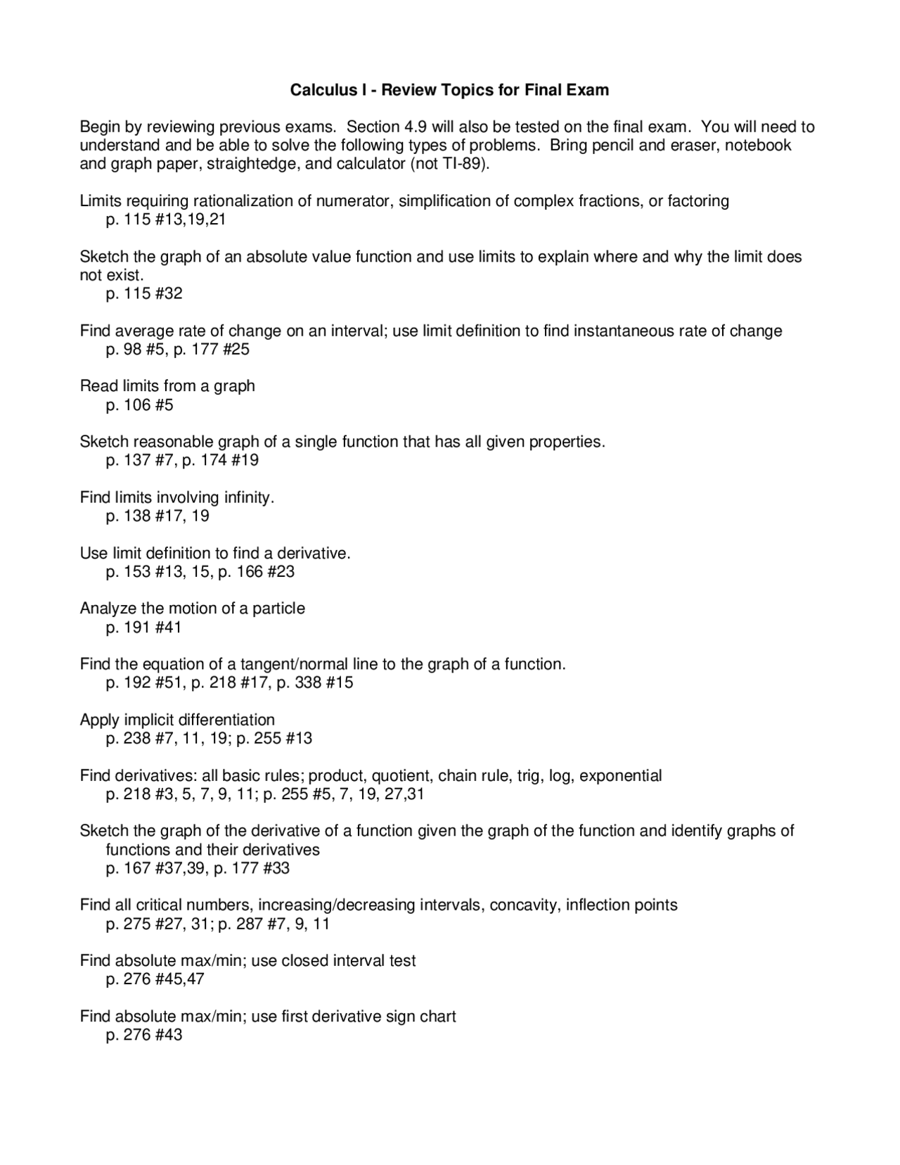 Review Topics for Final Exam – Calculus I | MATH 1910 - Docsity