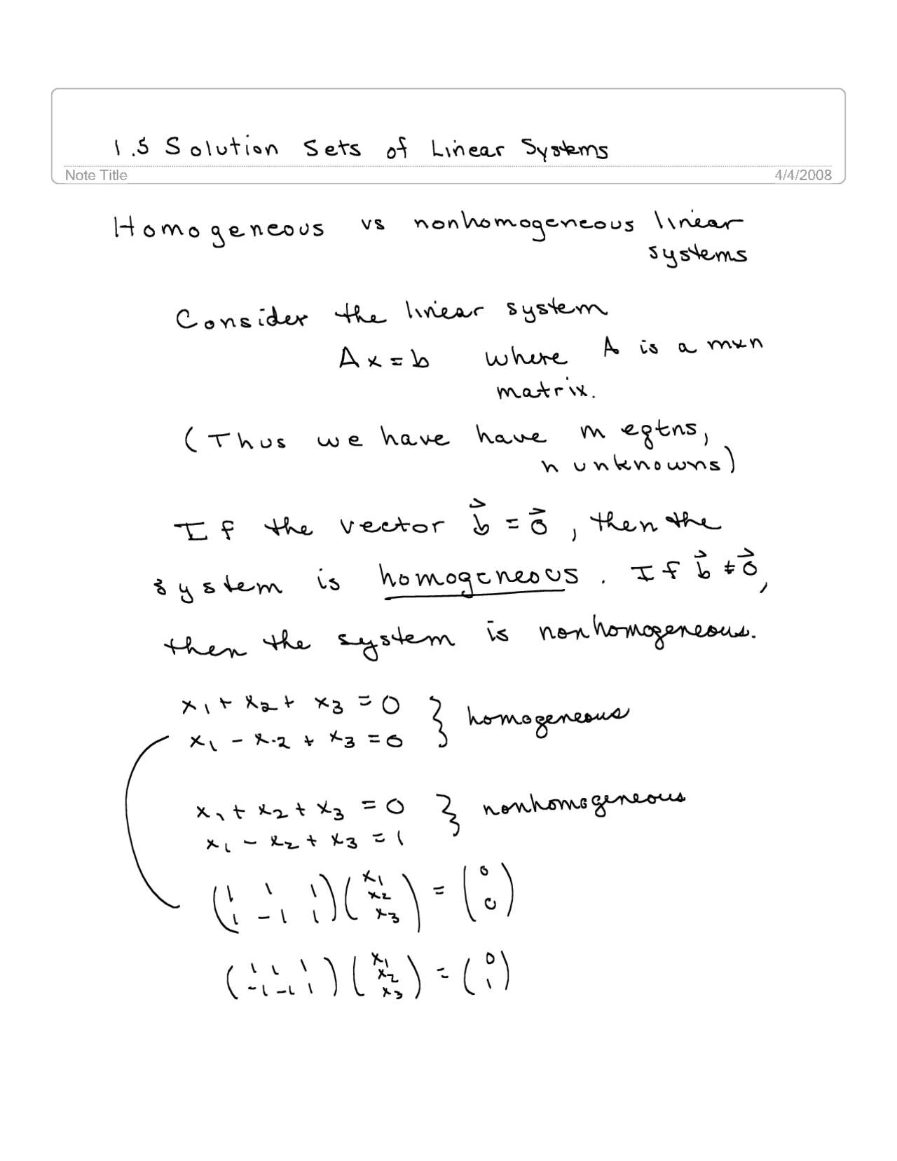 Solution Sets of Linear Systems - Homogeneous and Non Homogeneous ...