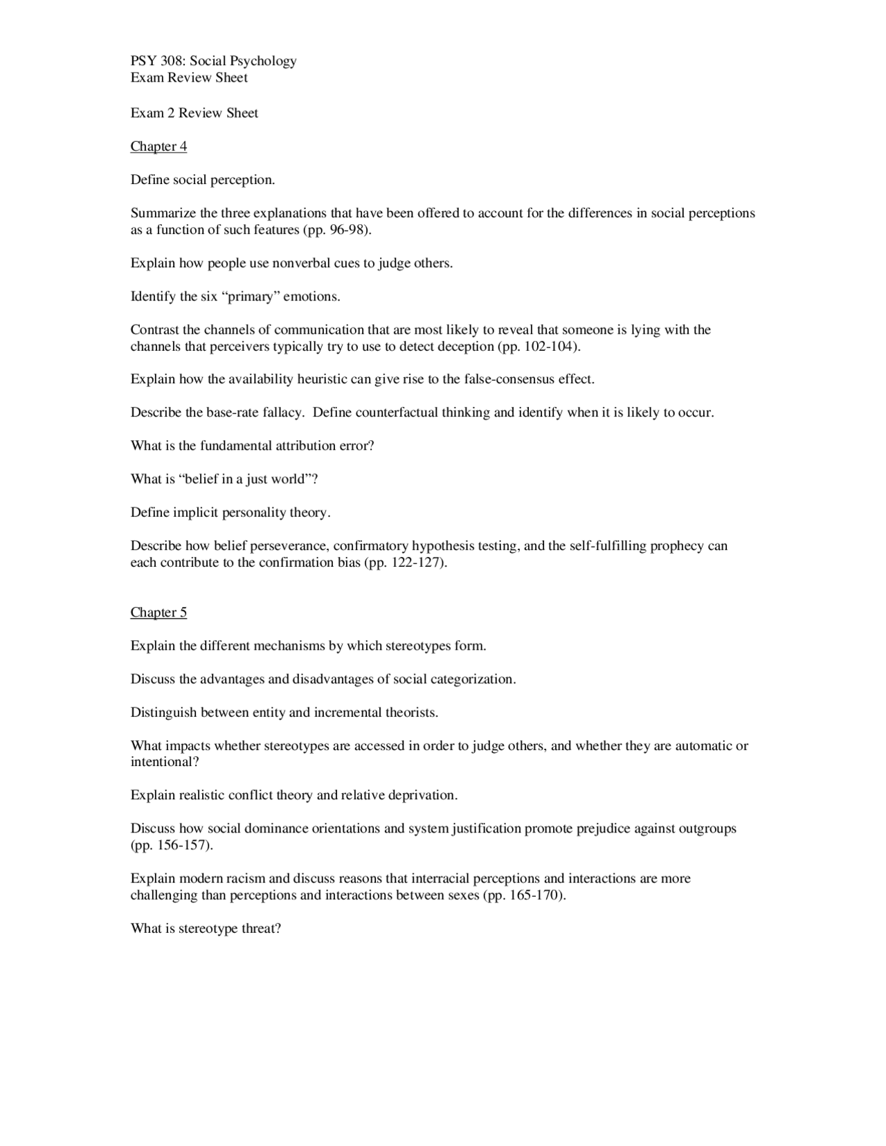 Exam 2 Review Sheet - Social Psychology | PSY 308 - Docsity