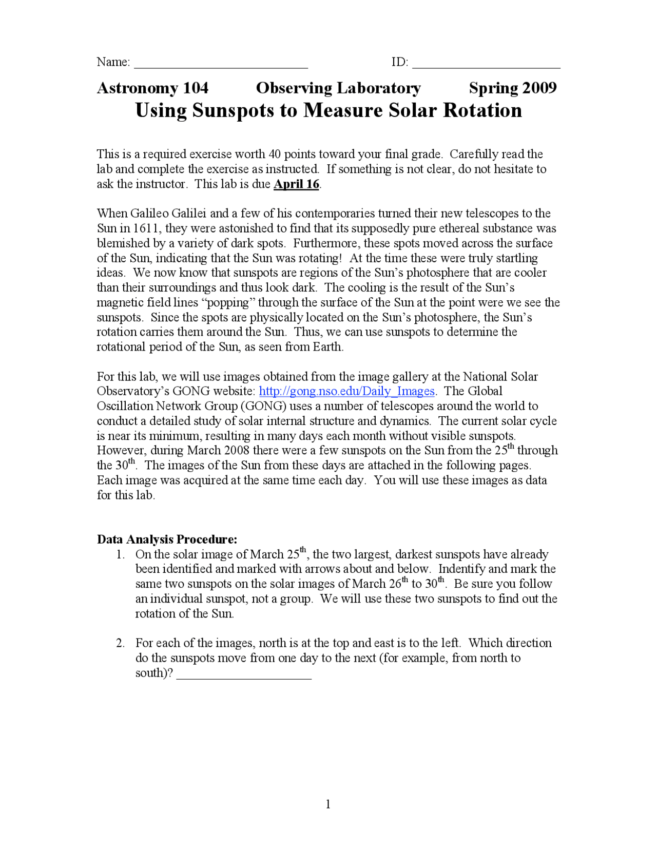 Using Sunspots to Measure Solar Rotation - Observing Laboratory | ASTR ...