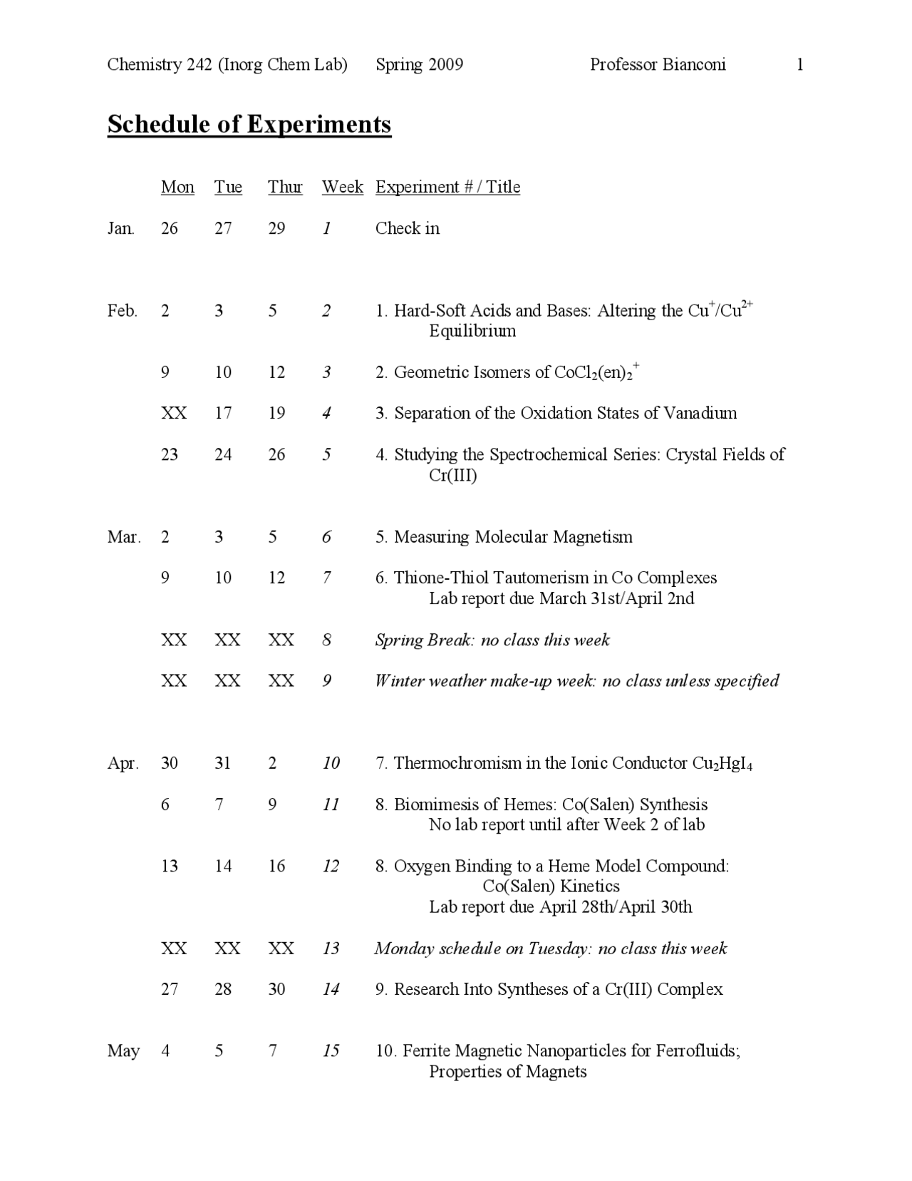 Lab 13 for Schedule of Experiments - Inorganic Chemistry | CHEM 242 ...