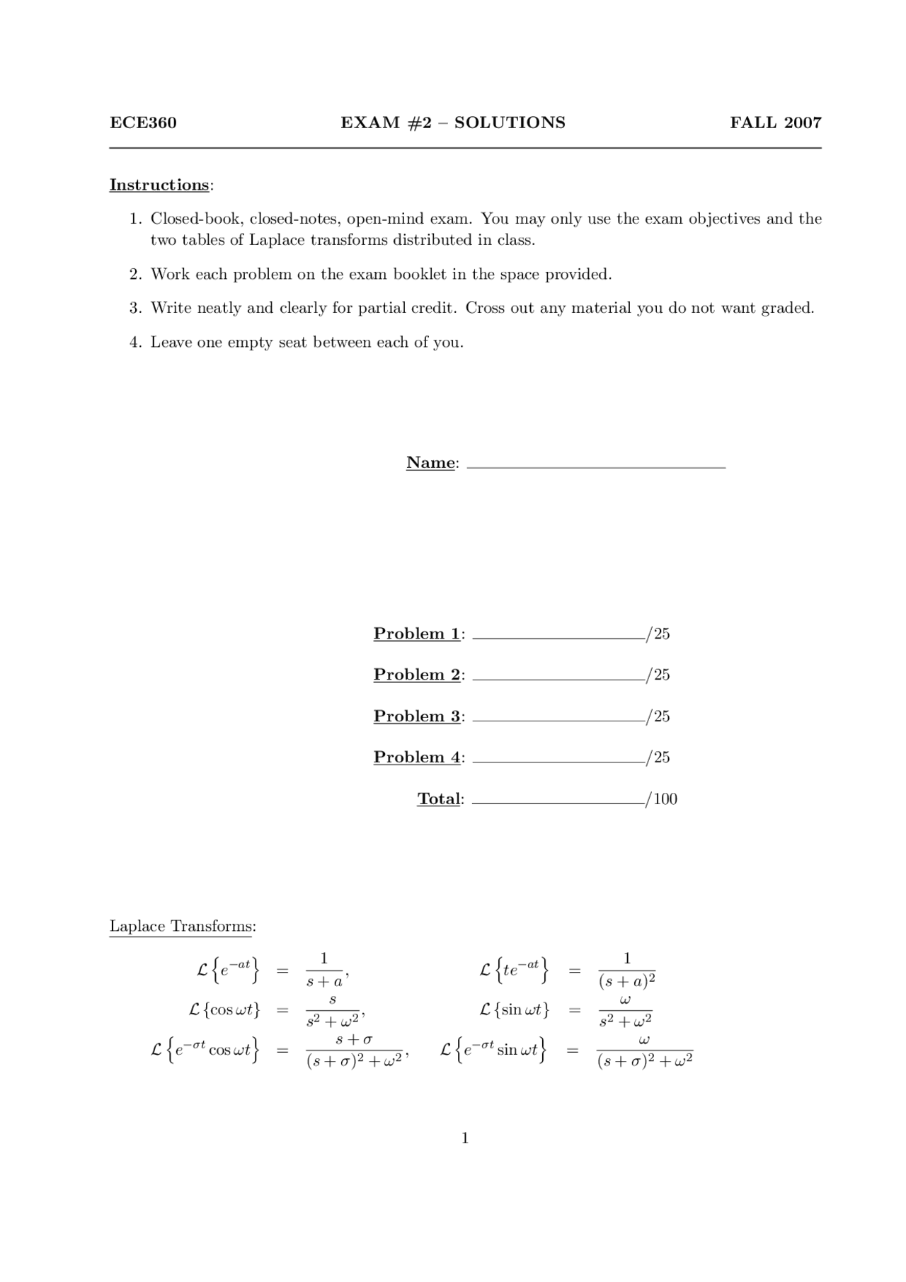 Exam 2 Solutions - System Modeling and Control | ECE 360 - Docsity