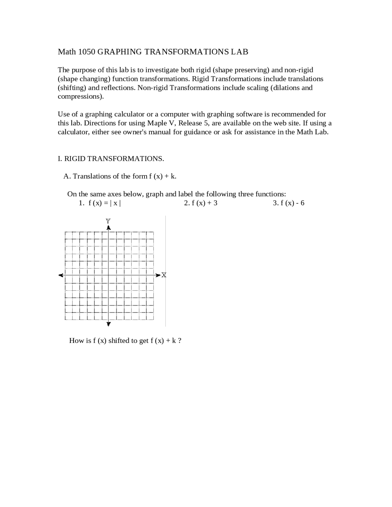 Graphing Transformation Lab College Algebra Math 1050 Docsity