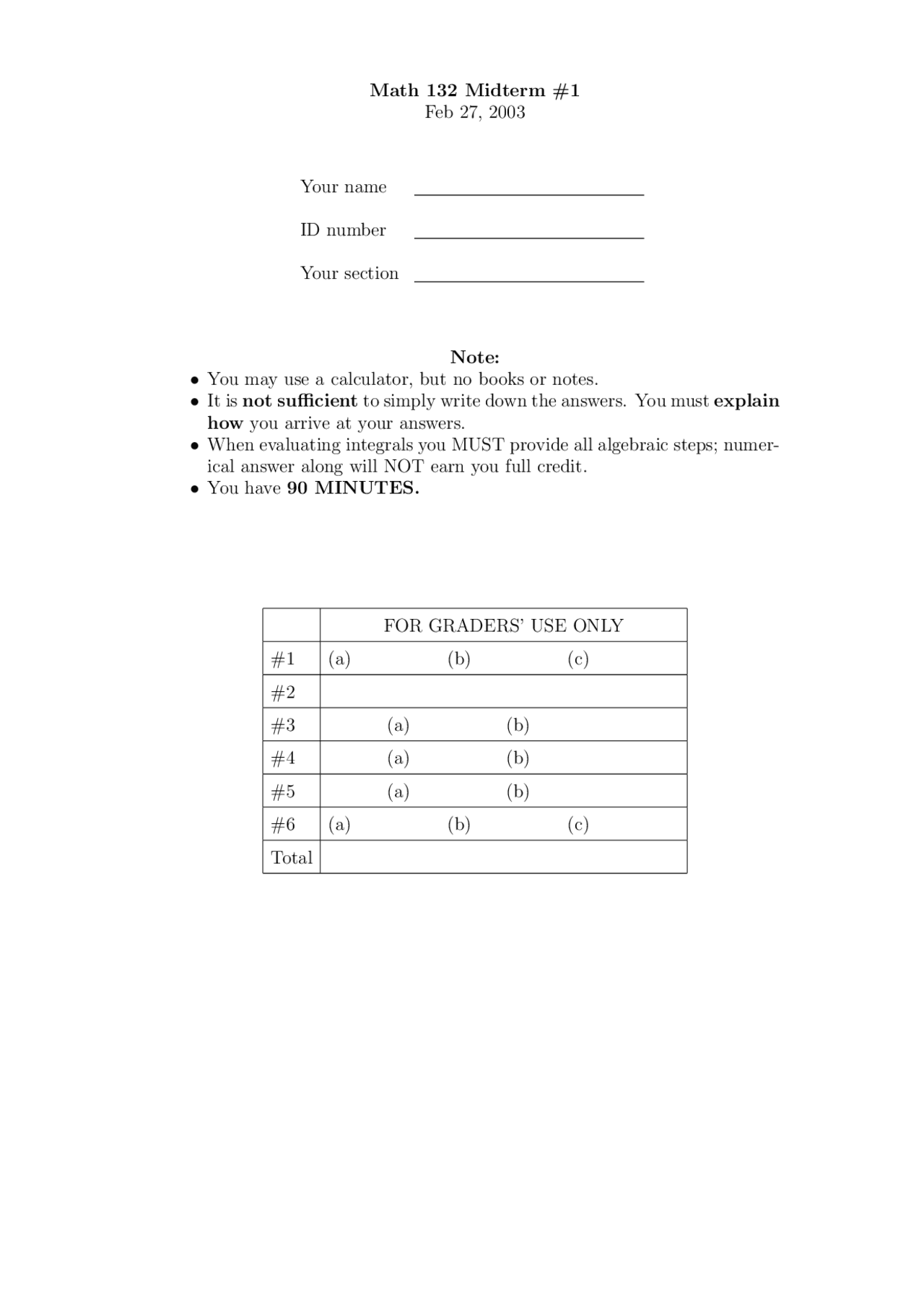 Midterm Exam 1 | Calculus II - Fall 2003 | MATH 132 - Docsity